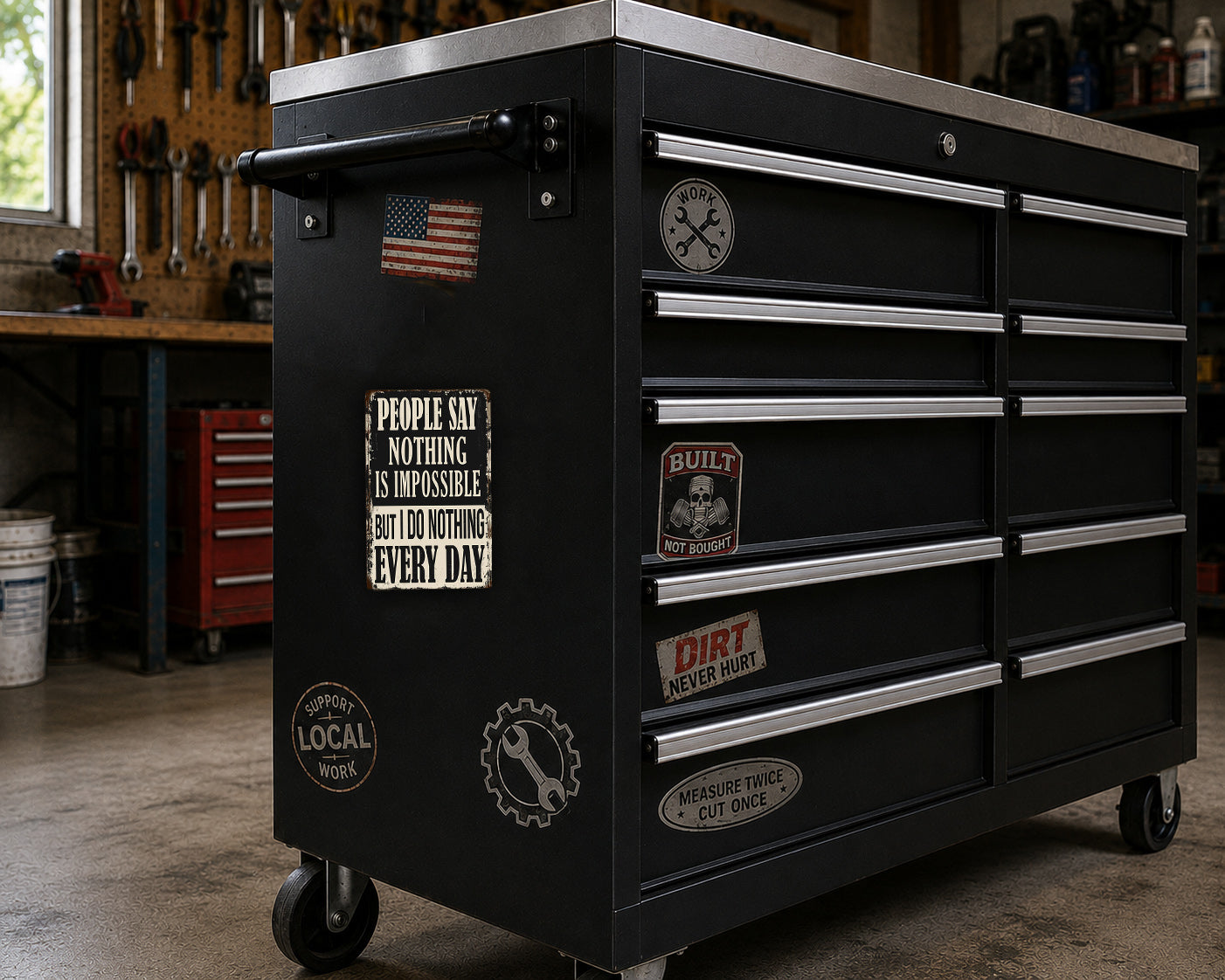 A black workbench with various stickers and labels on it, including a quote about the impossible, a skull and crossbones, and other industrial-style graphics.