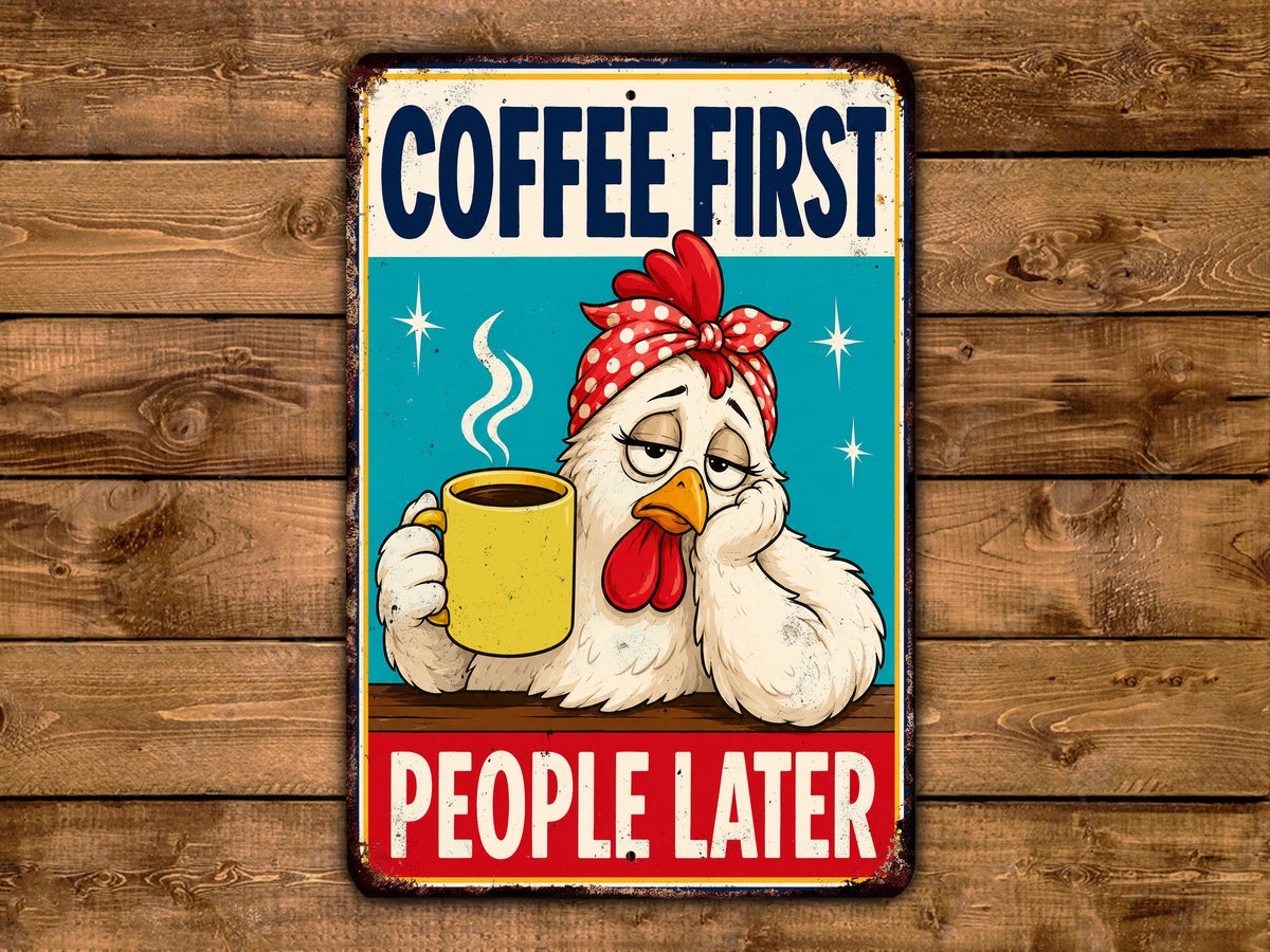 A vintage-style sign with a cartoon chicken holding a cup of coffee and wearing a red headband. The sign says "COFFEE FIRST PEOPLE LATER".