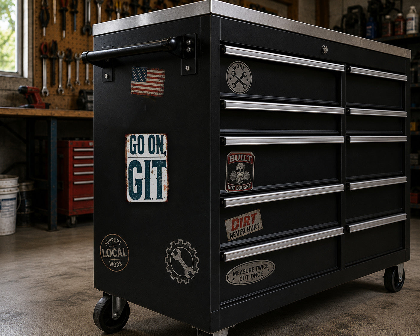 A black workbench with various stickers and labels on it, including a "Go on Git" sticker, a "Support Local Work" sticker, and a "Dirt Never Hurt" sticker. The workbench is situated in a workshop setting with tools hanging on the wall in the background.
