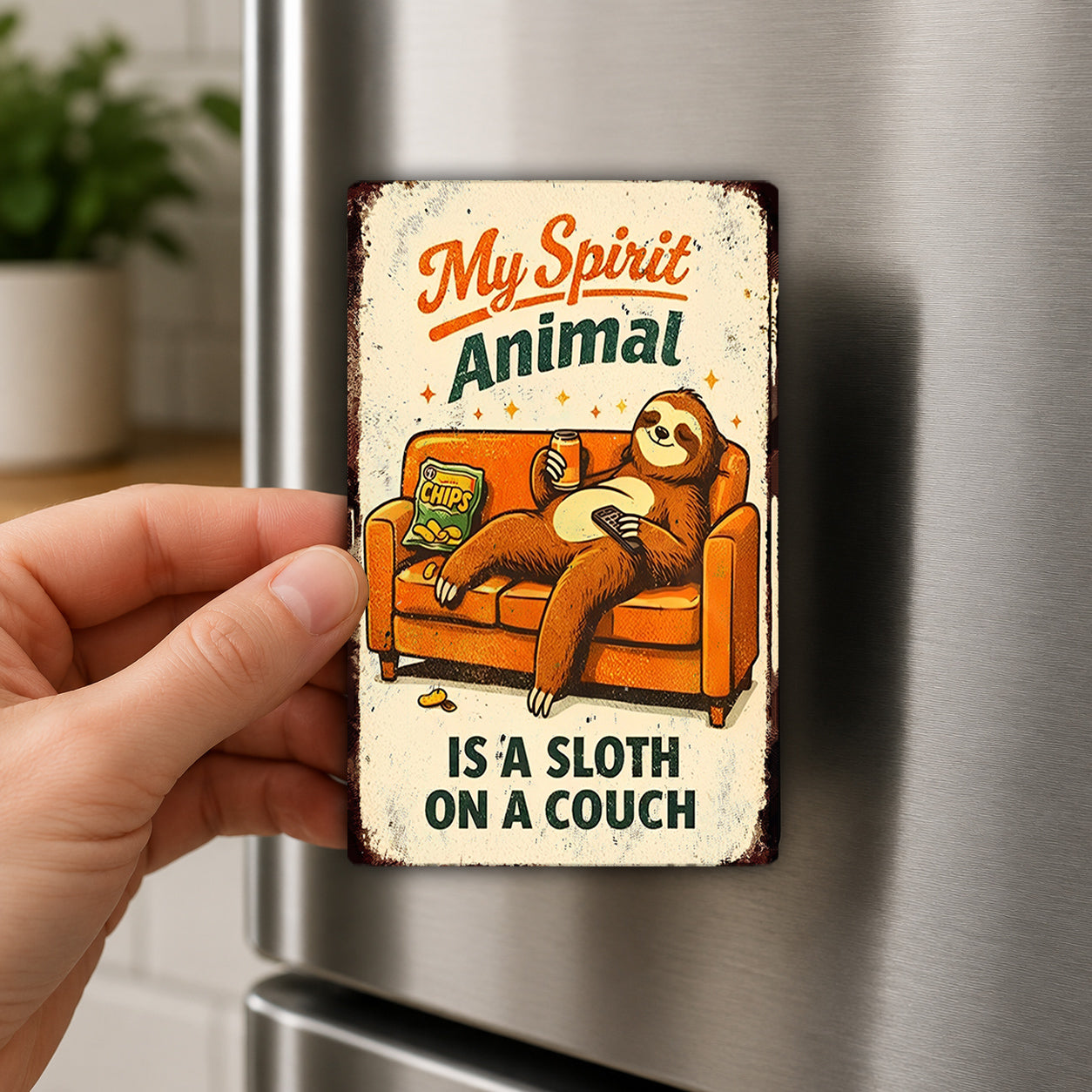 A person's hand holding a vintage-style metal magnet with an illustration of a sloth sitting on a couch.