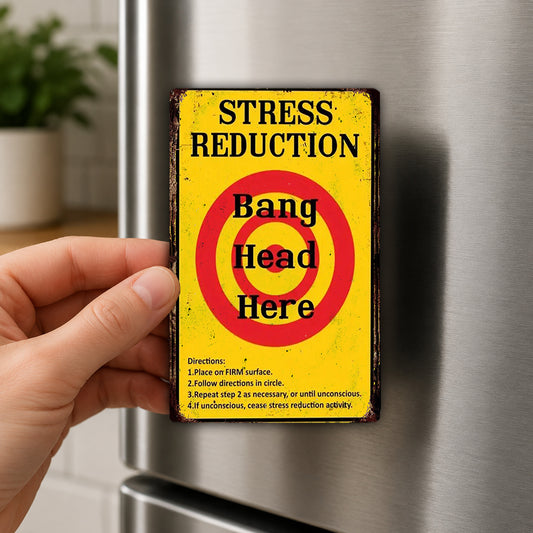 A person's hand is holding a yellow sign with a red target and the text "Stress Reduction" on it.