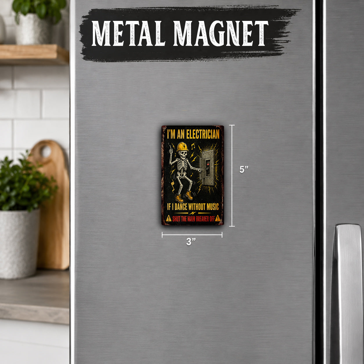 a metal refrigerator magnet with a skeleton holding an electrical switch.