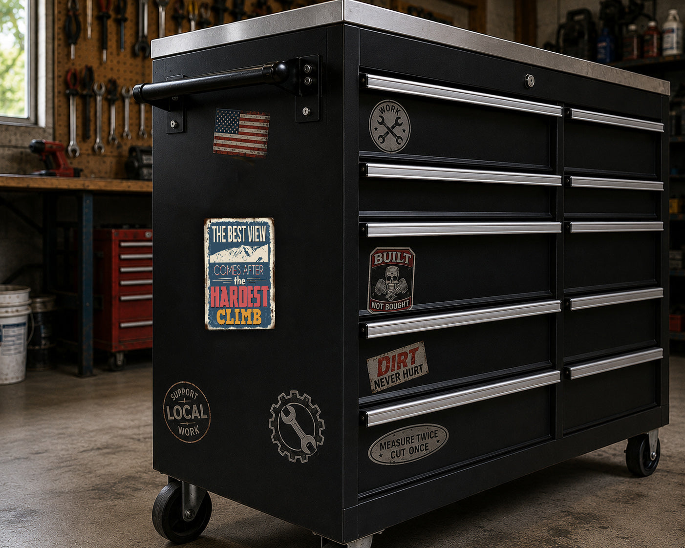 A black workbench with various stickers and labels on it, located in a workshop setting.