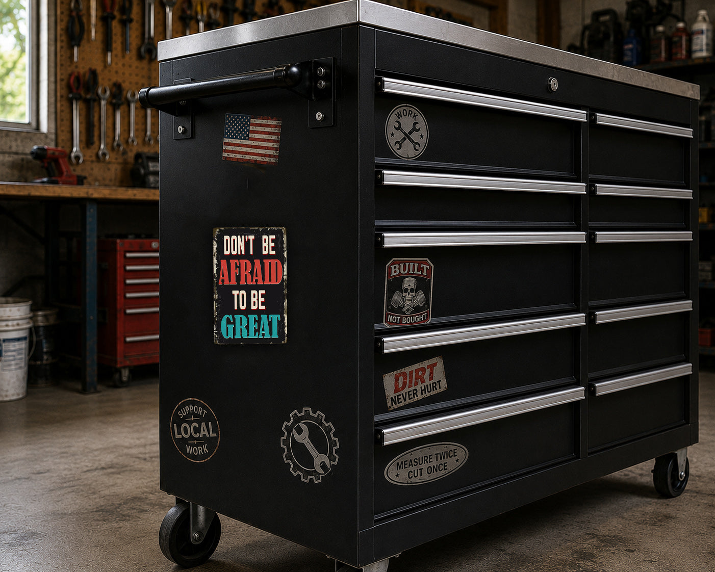 A black workbench with various stickers and labels on it, located in a workshop setting.