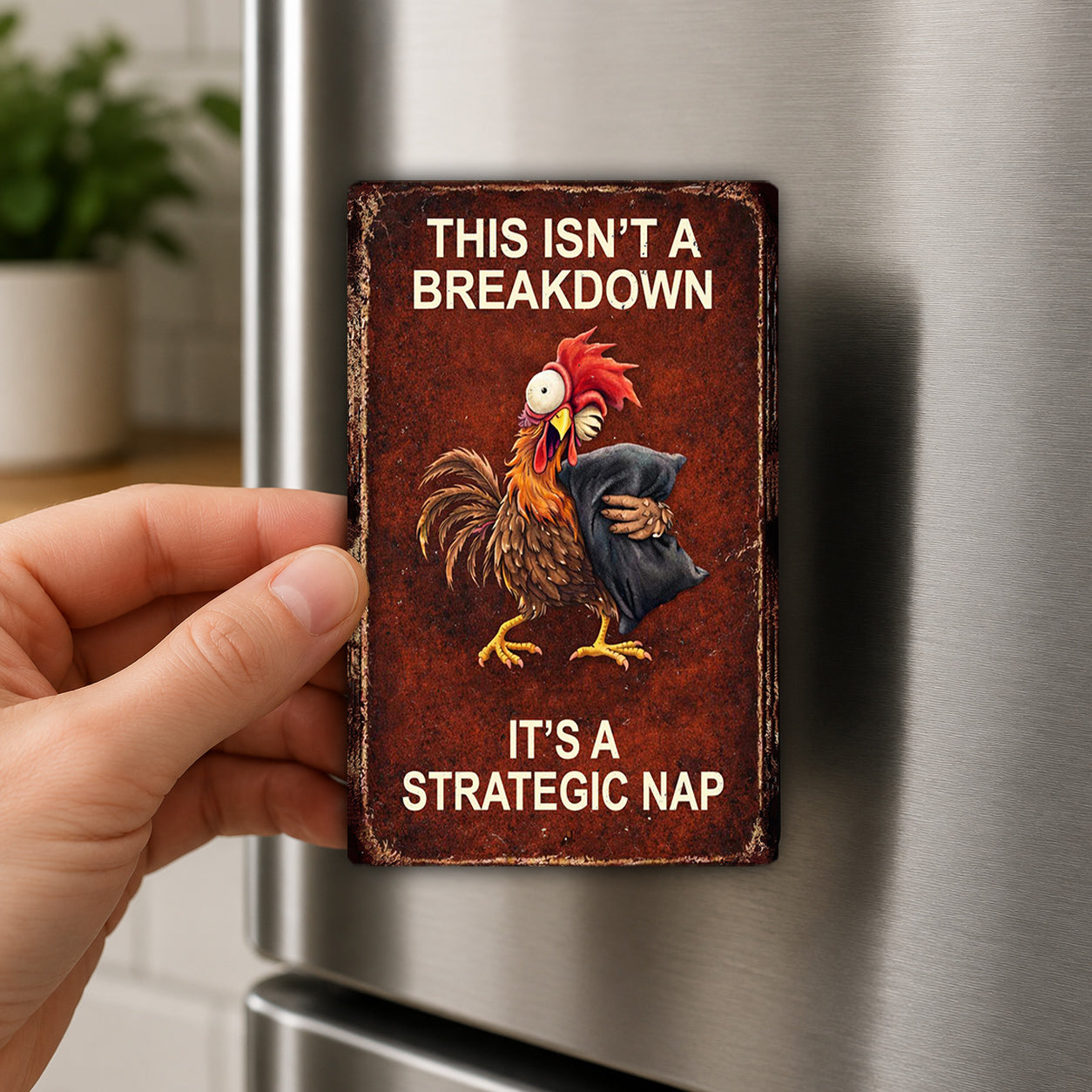 a person holding a small, vintage-style magnet with a cartoon rooster and the text "This isn't a breakdown, it's a strategic nap" on it.