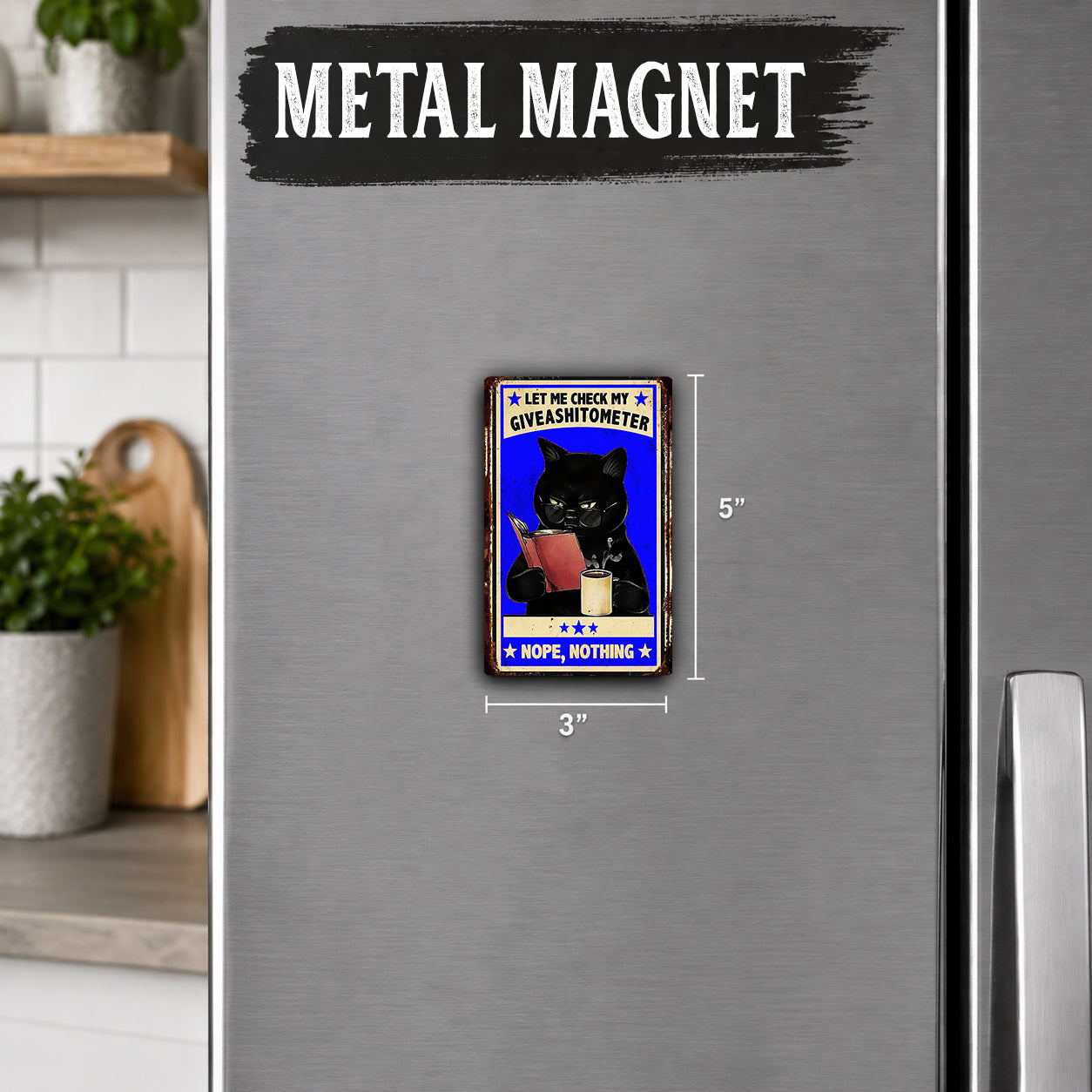 a black cat holding a book and a cup, with the text "LET ME CHECK MY GIVESHAITMETER" and "HOPE, NOTHING" displayed on the refrigerator.