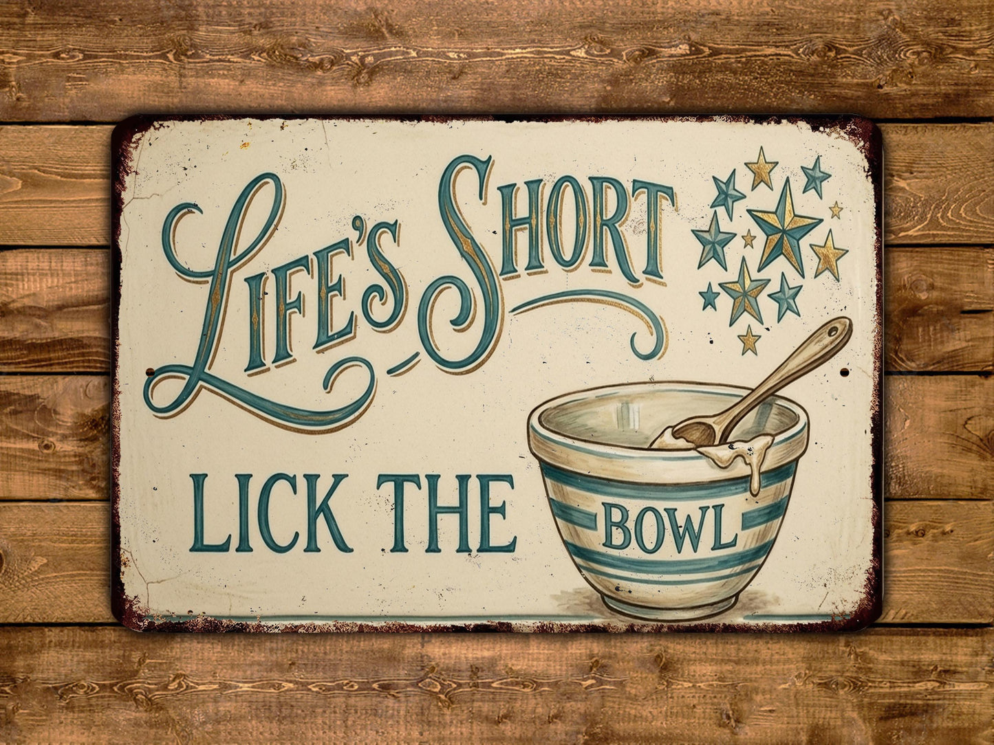 A vintage-style sign with the text "Life's Short. Lick the Bowl" and an illustration of a bowl with a spoon.