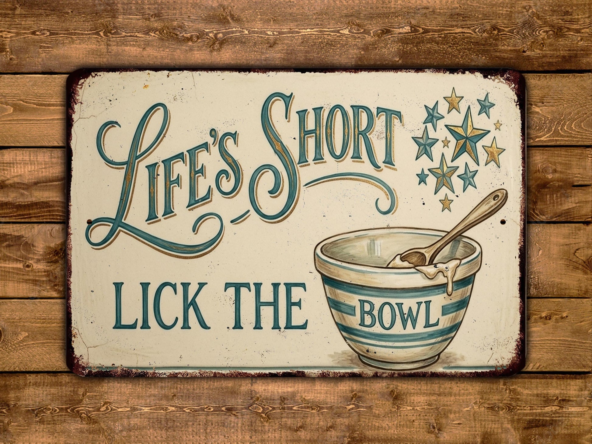 A vintage-style sign with the text "Life's Short. Lick the Bowl" and an illustration of a bowl with a spoon.