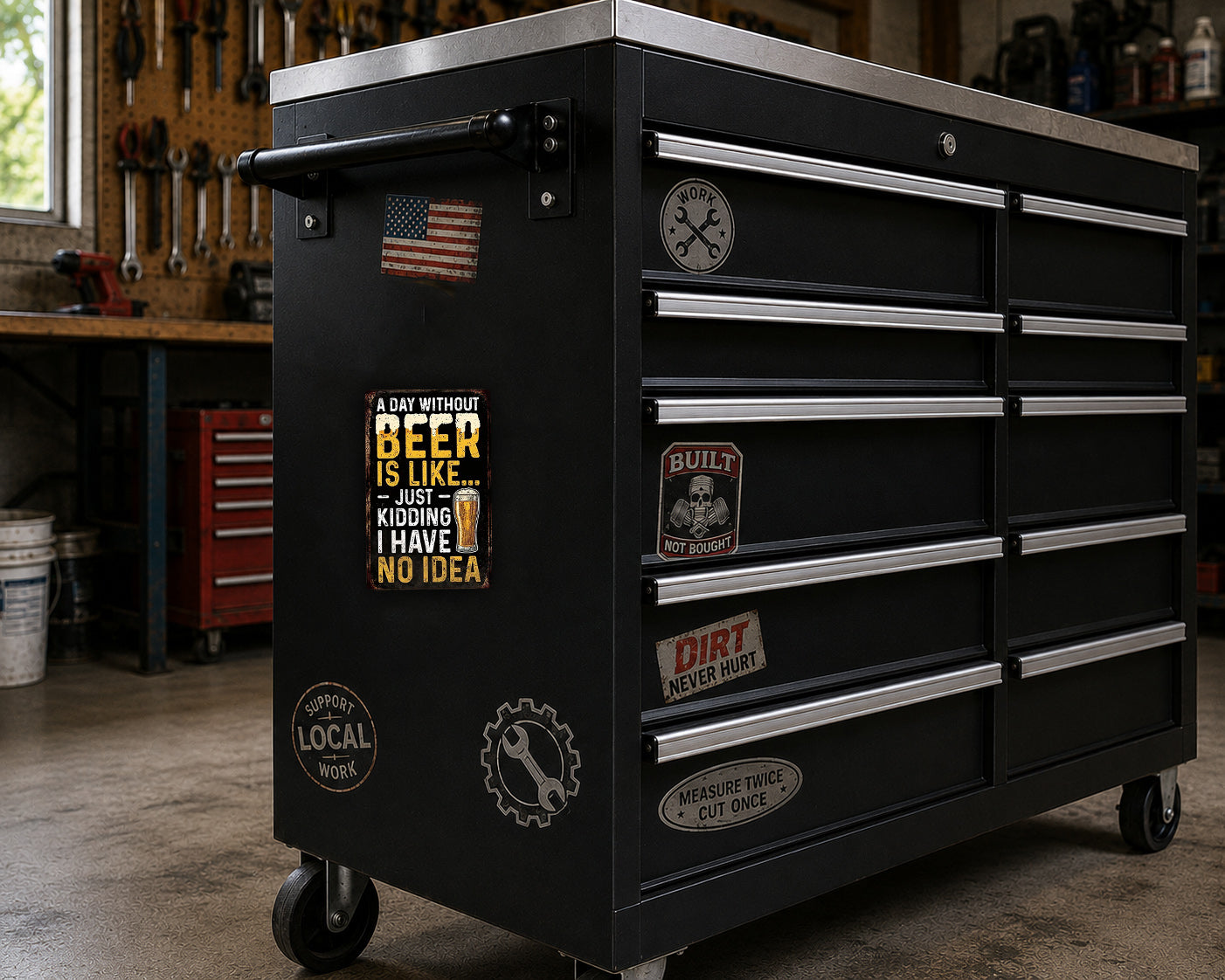 A black workbench with various stickers and labels on it, including a humorous message about beer and a warning about the dangers of dirt.