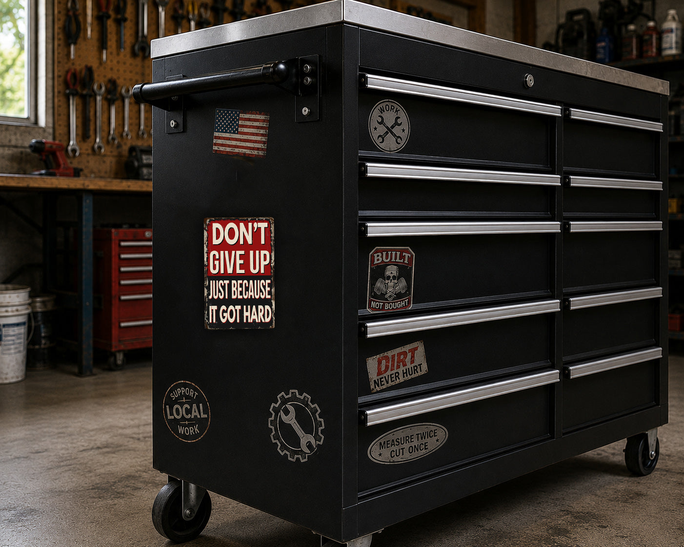 A black workbench with various stickers and labels on it, located in a workshop setting.