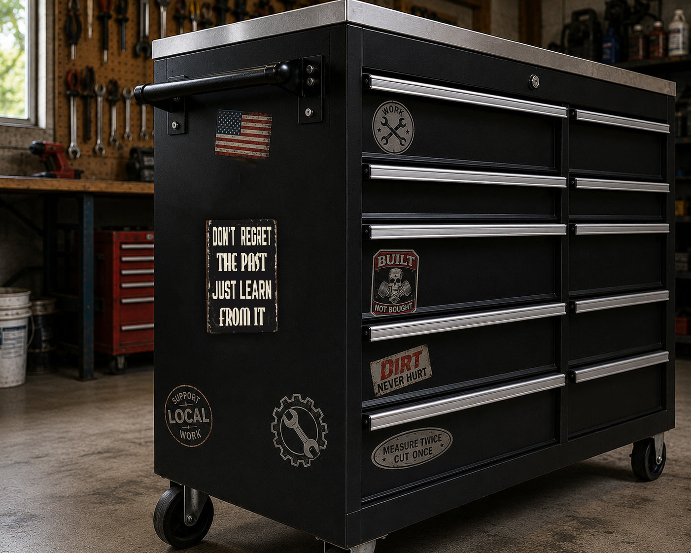 A black workbench with various stickers and magnets on it, located in a workshop setting.