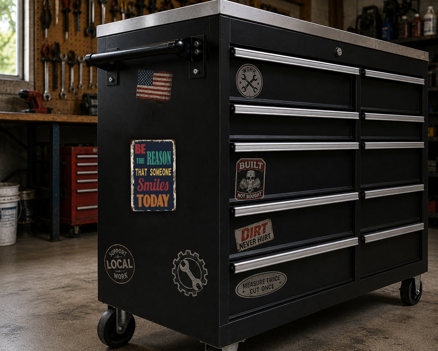 A black workbench with various stickers and labels on it, located in a workshop setting.