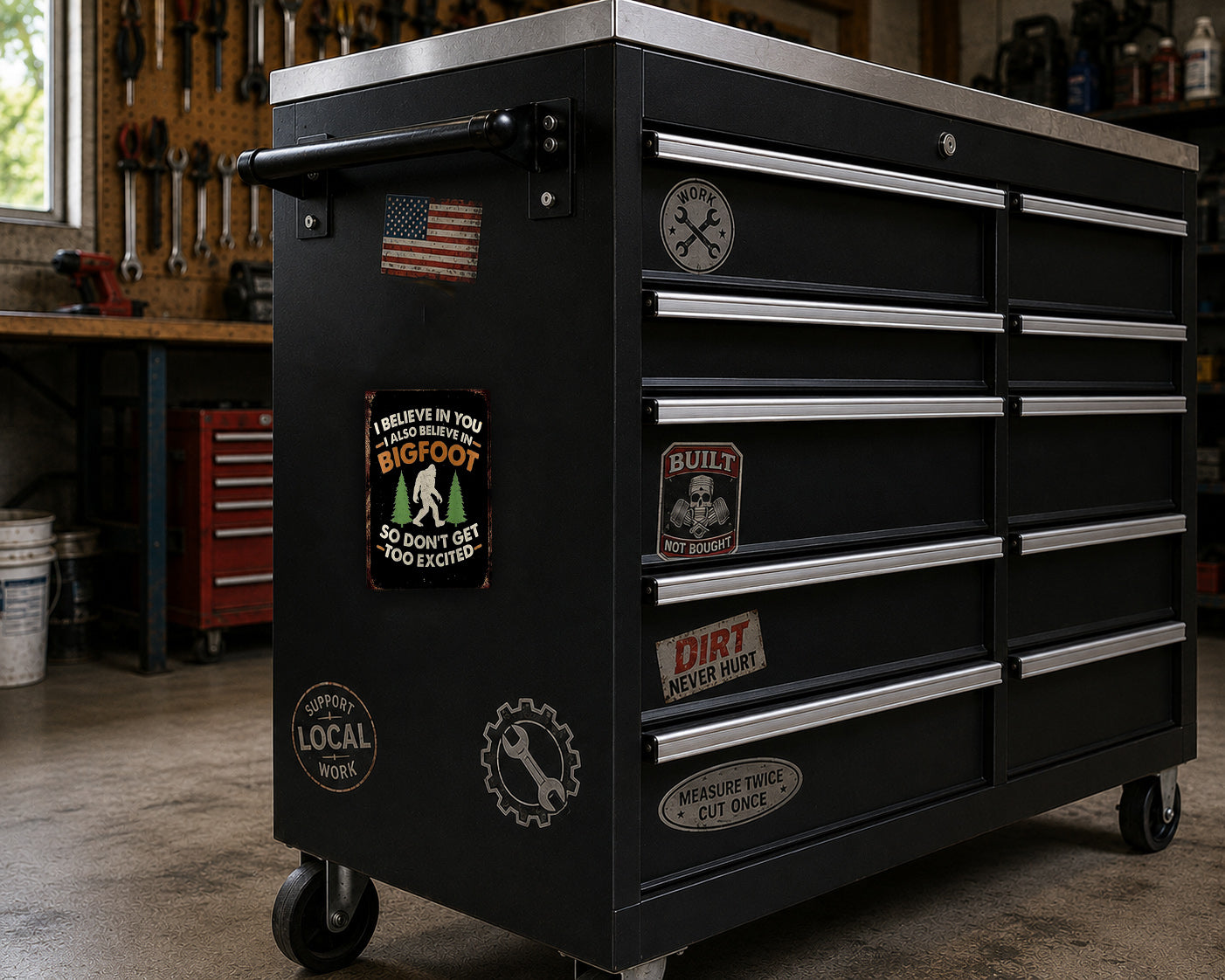 A black workbench with various stickers and labels on it, including a "I believe in you" sticker, a "Bigfoot" sticker, and a "Built" sticker. The workbench is situated in a workshop setting with tools and equipment visible in the background.