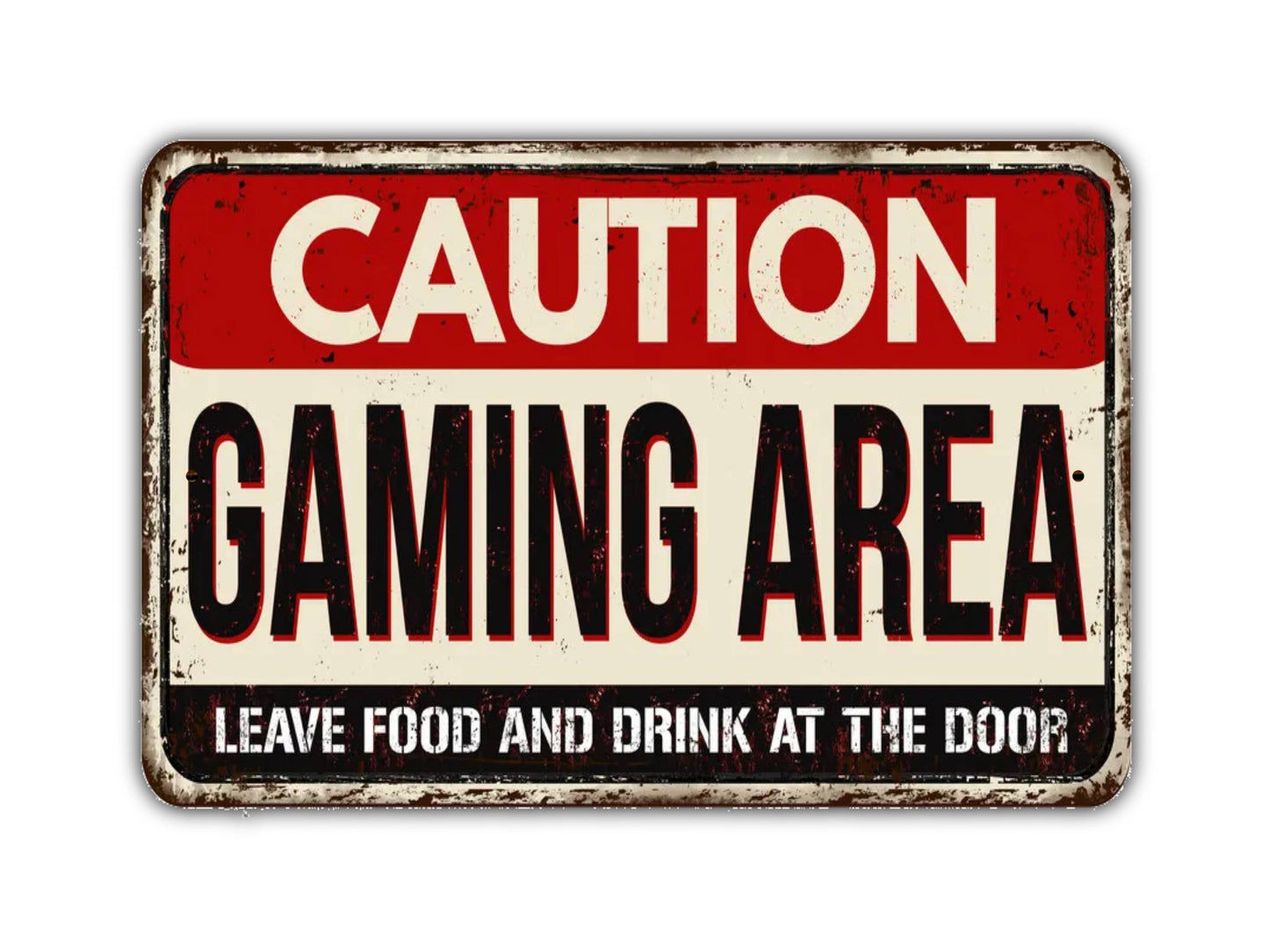 a sign that says caution gaming area leave food and drink at the door