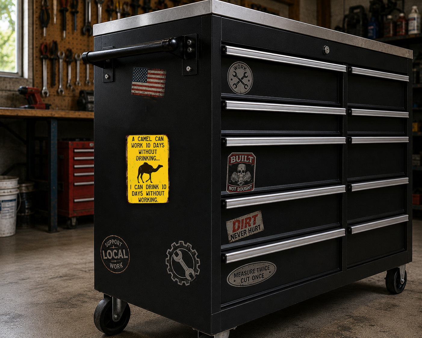A black workbench with various stickers and labels on it, including a warning sign and a "built" sticker.