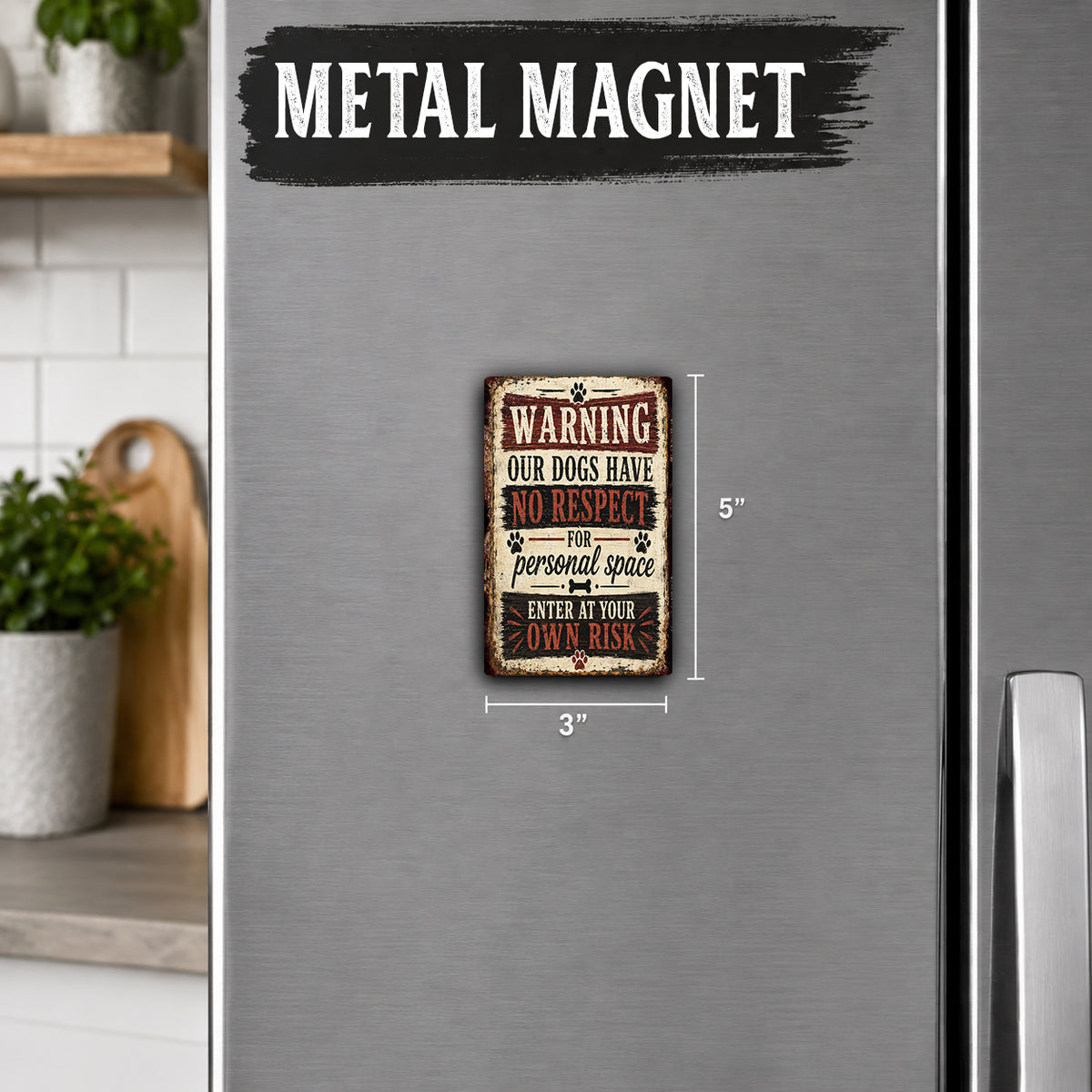 a metal refrigerator with a warning sign attached to it.
