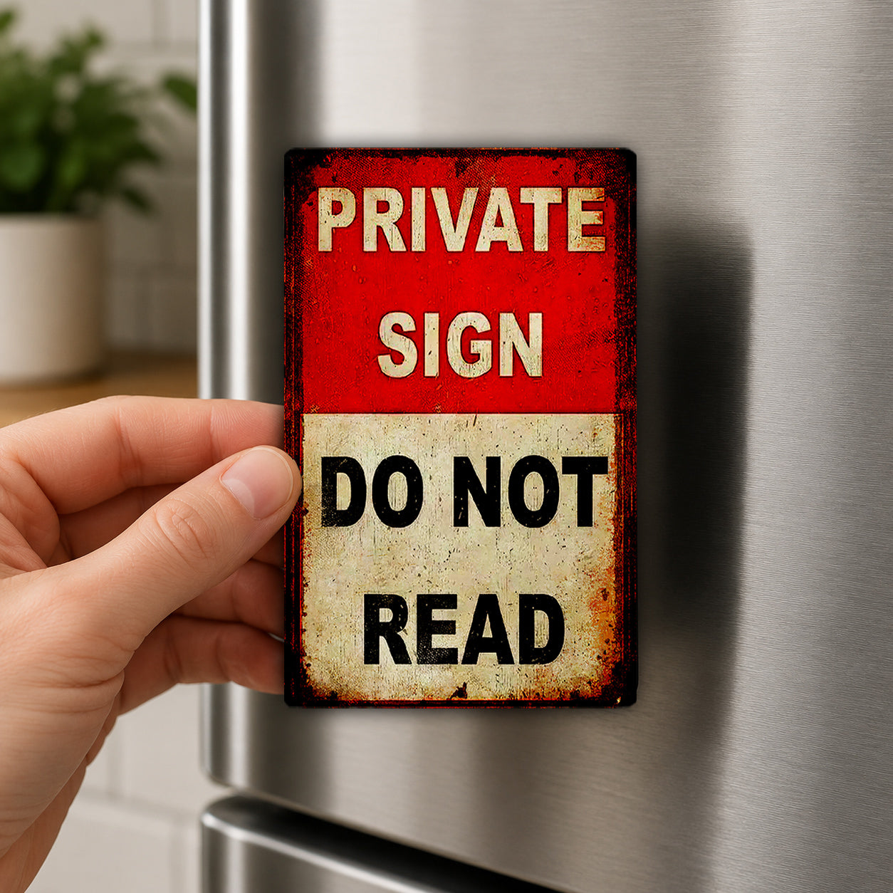 A hand is holding a metal sign with the text "PRIVATE SIGN DO NOT READ" on it.