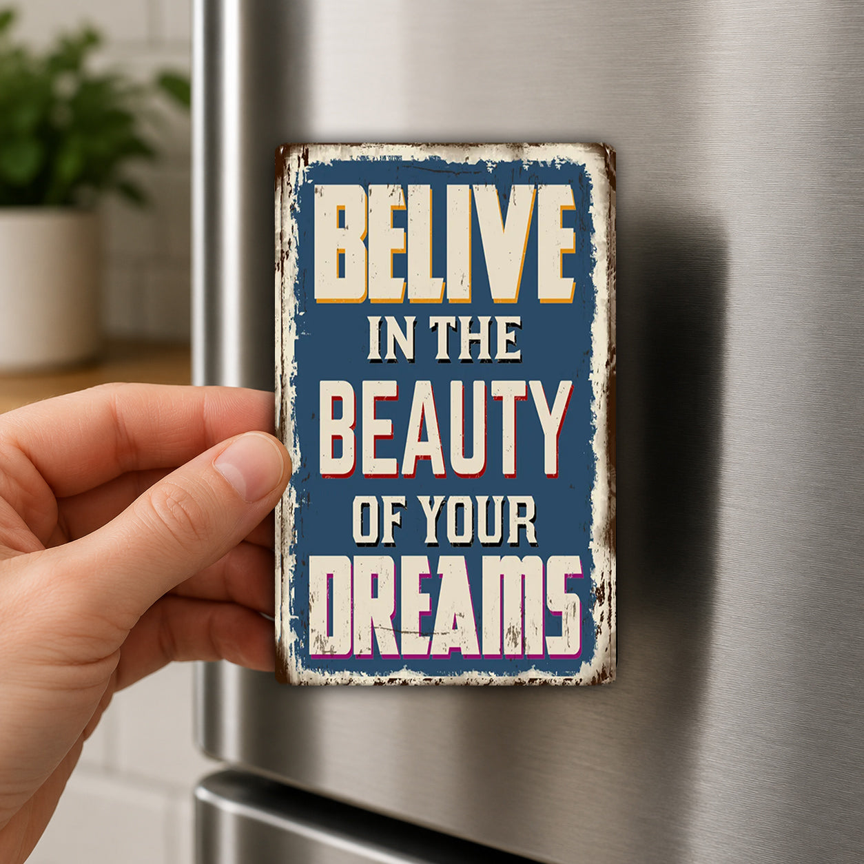 A hand is holding a small, vintage-style sign with the text "Belive in the beauty of your dreams" on it.
