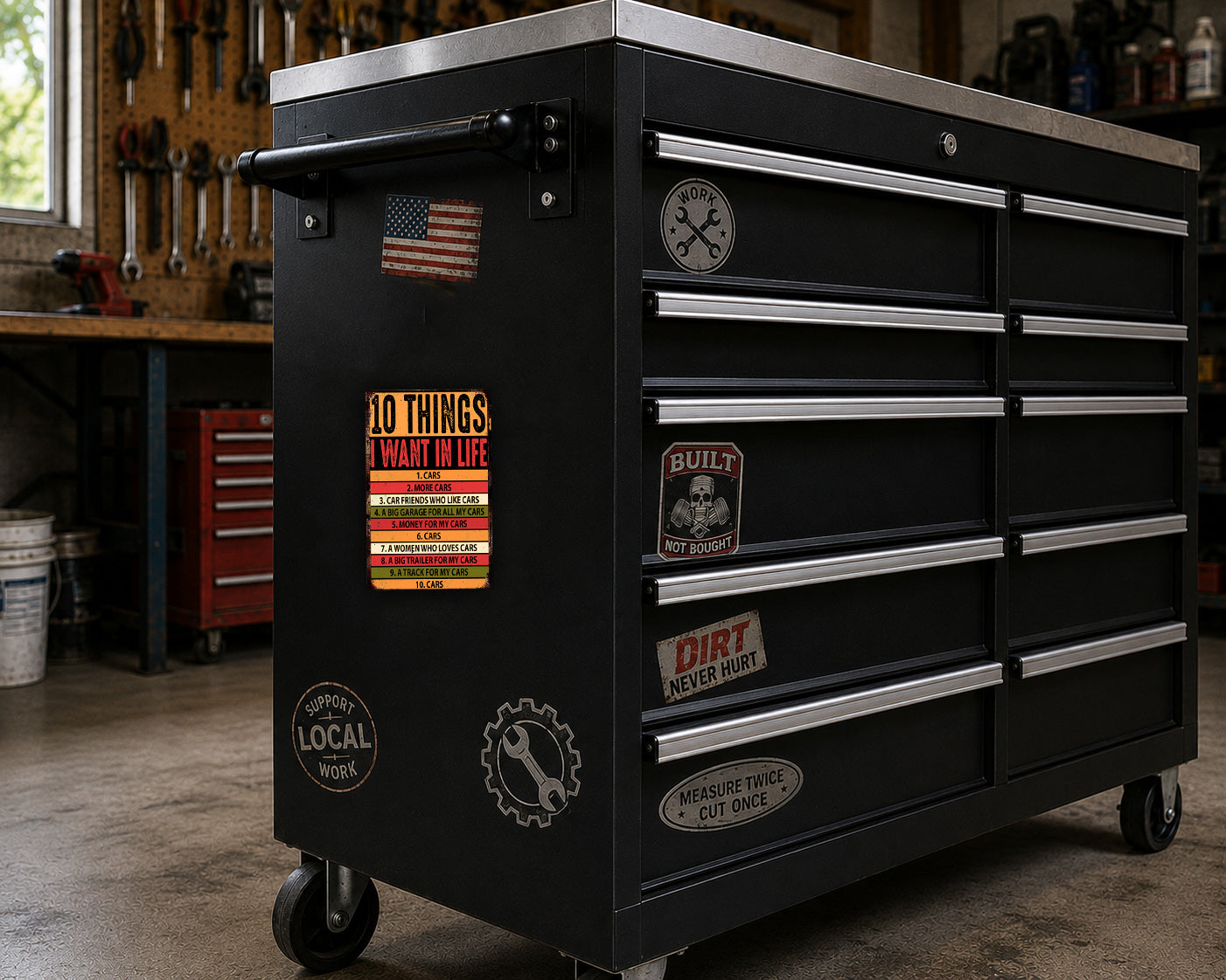 A black workbench with various stickers and labels on it, including a quote about life and work.