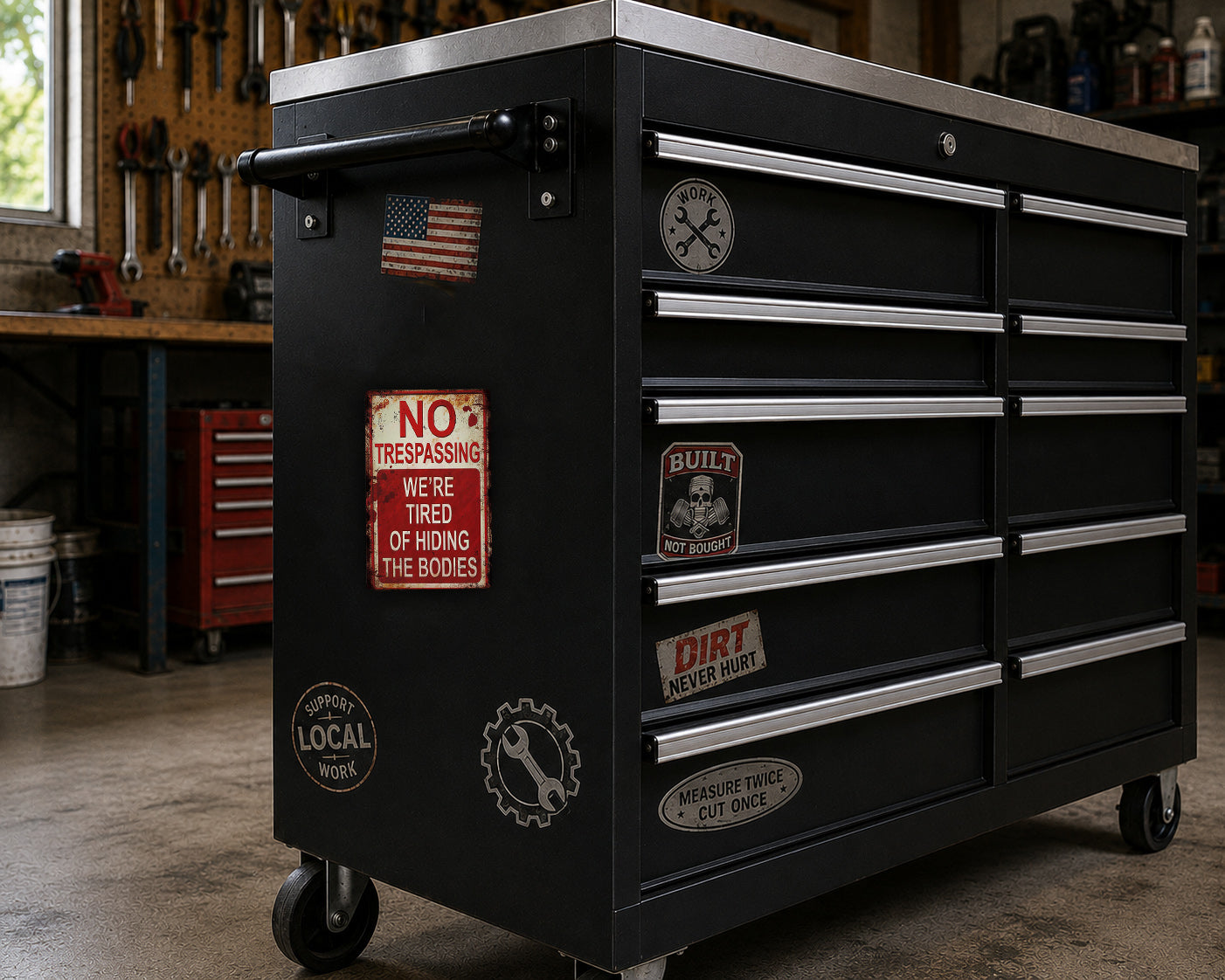 A black workbench with various stickers and labels on it, including a "No Trespassing" sign, a "Built" sticker, and a "Dirt" sticker. The workbench is situated in a workshop setting with tools and equipment visible in the background.
