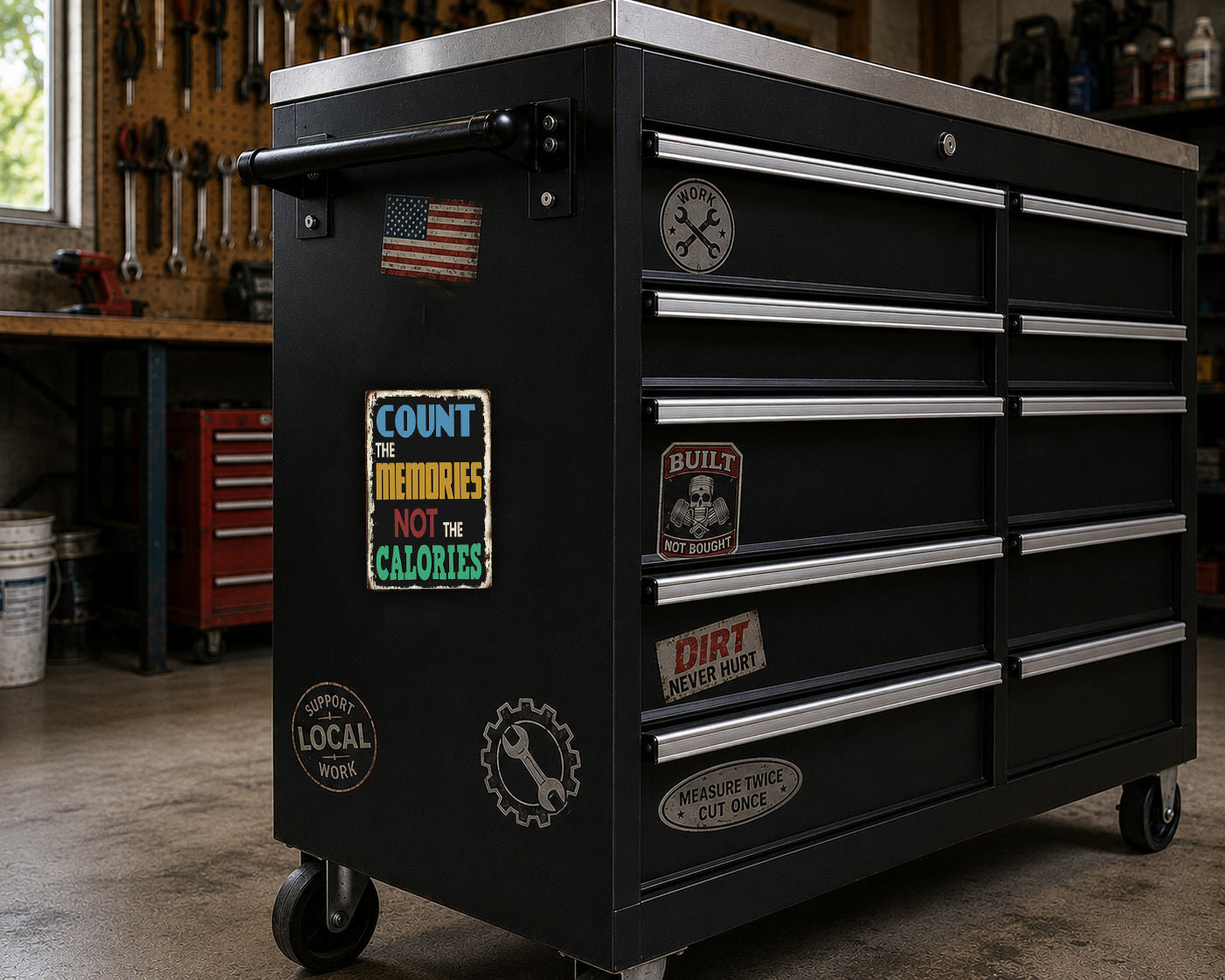 A black tool chest with various stickers and labels on it, placed in a workshop setting.