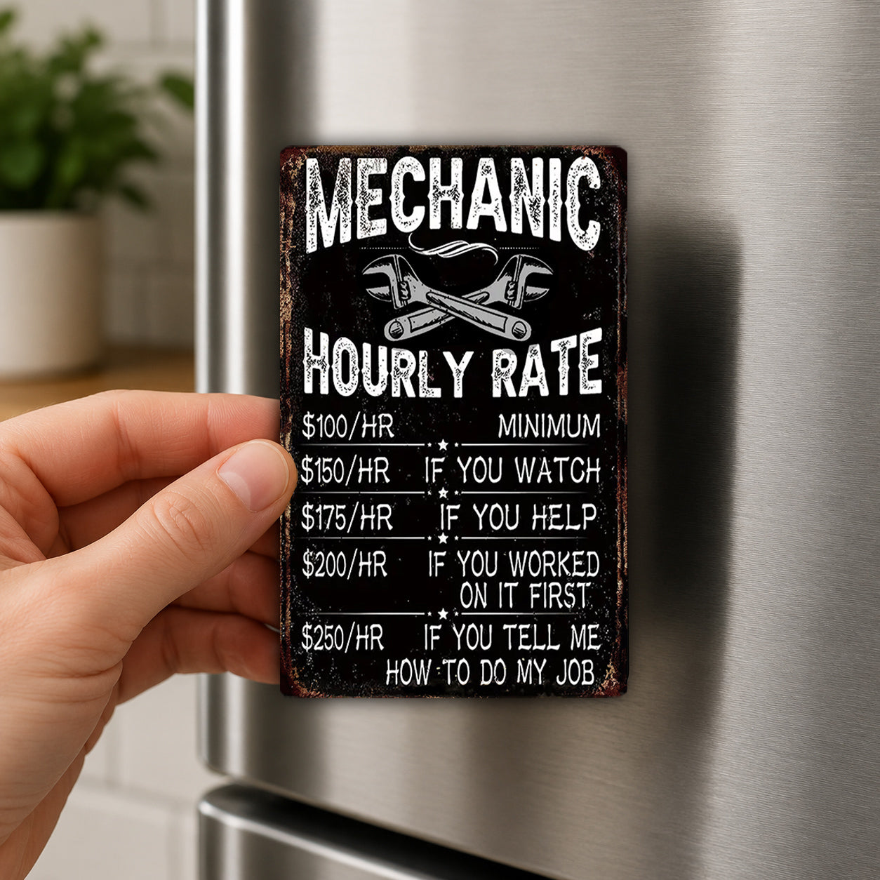 A person is holding a black and white sign with a humorous mechanic hourly rate list.
