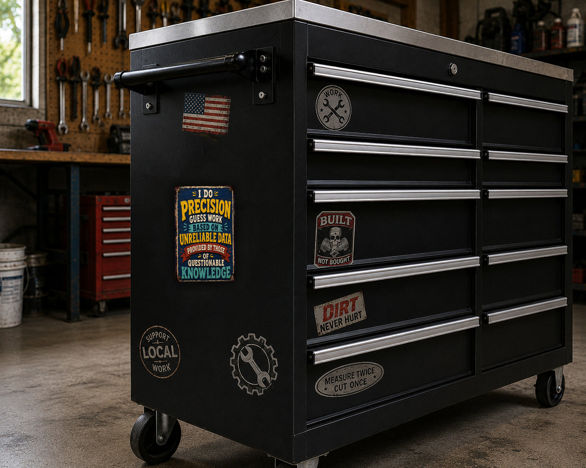 A black workbench with various tools and stickers on it, located in a workshop setting.