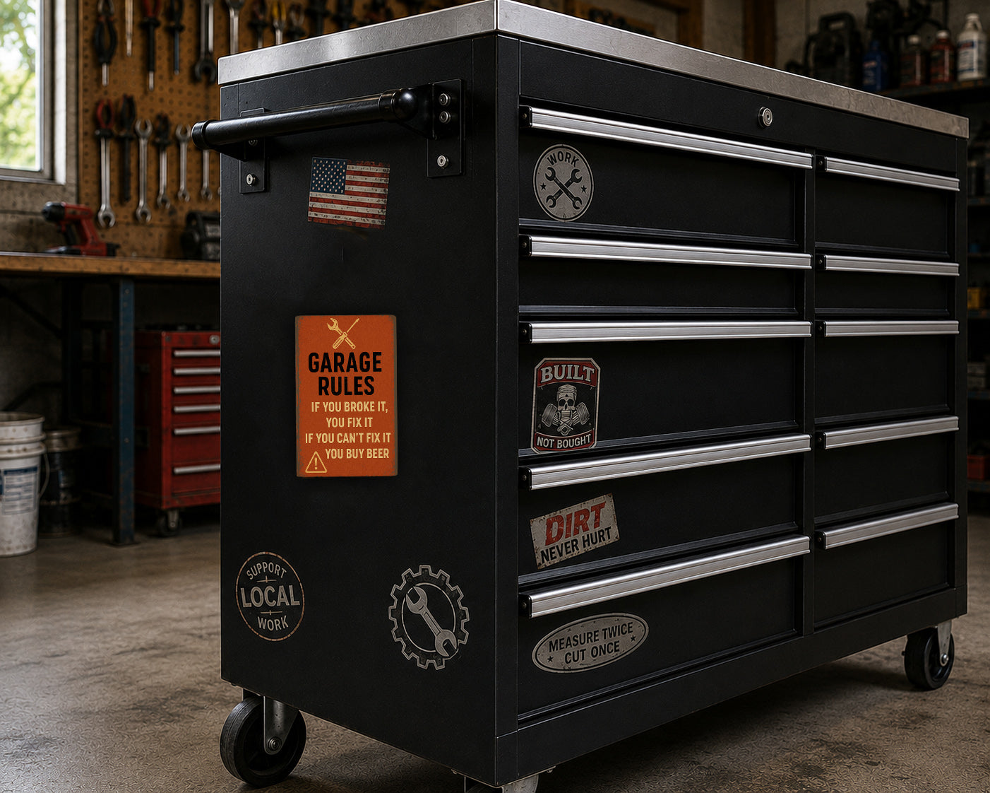 A black tool chest with various stickers and labels on it, placed in a workshop setting.