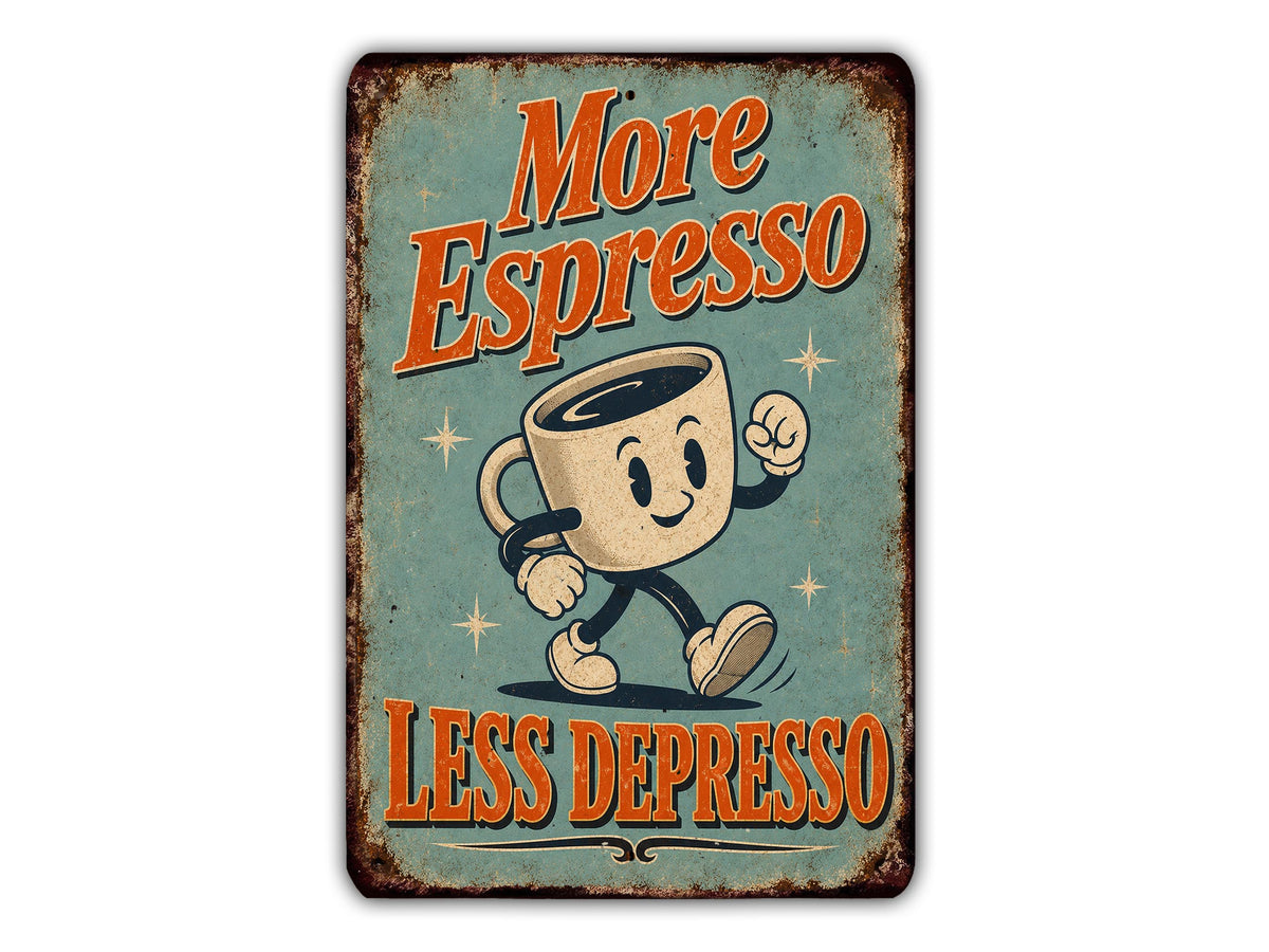a vintage-style sign with a cartoon cup character and the text "More Espresso Less Depressio" in a playful, retro style.