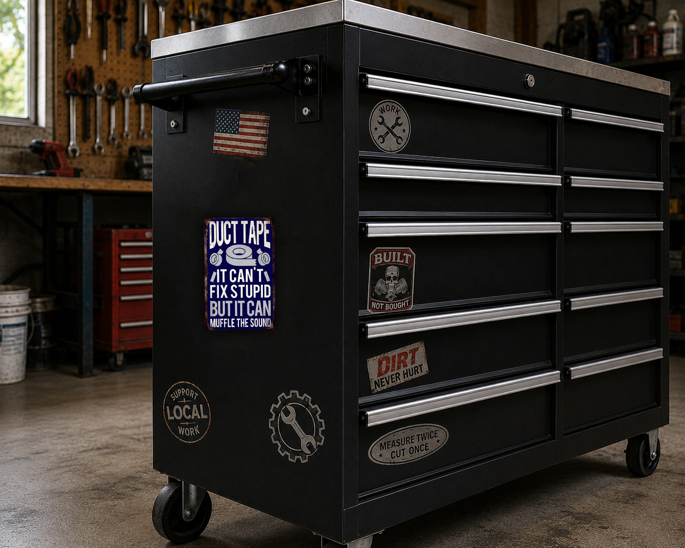 A black workbench with various stickers and labels on it, including a duct tape sticker that says "Duct Tape It Can Fix Stupid But It Can Muffle the Sound".