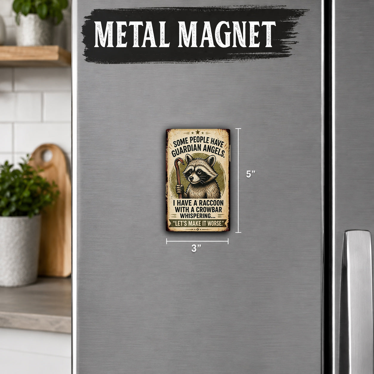 a small metal magnet with a raccoon on it, placed on a refrigerator.