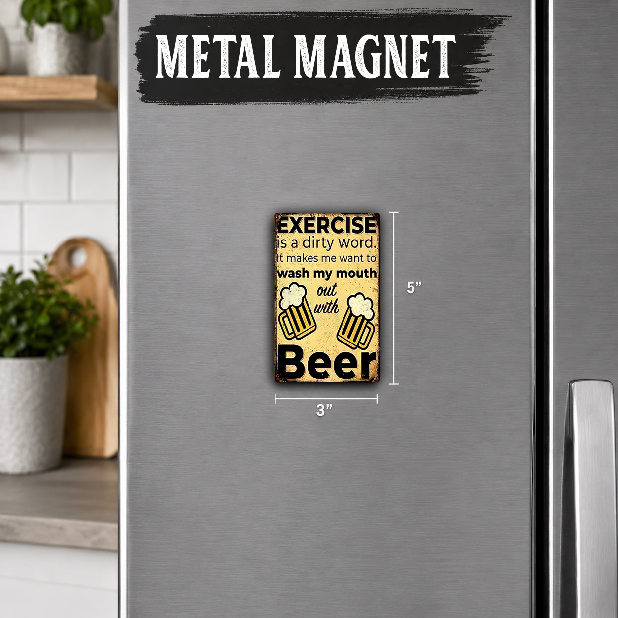 a small, decorative beer magnet on a refrigerator.