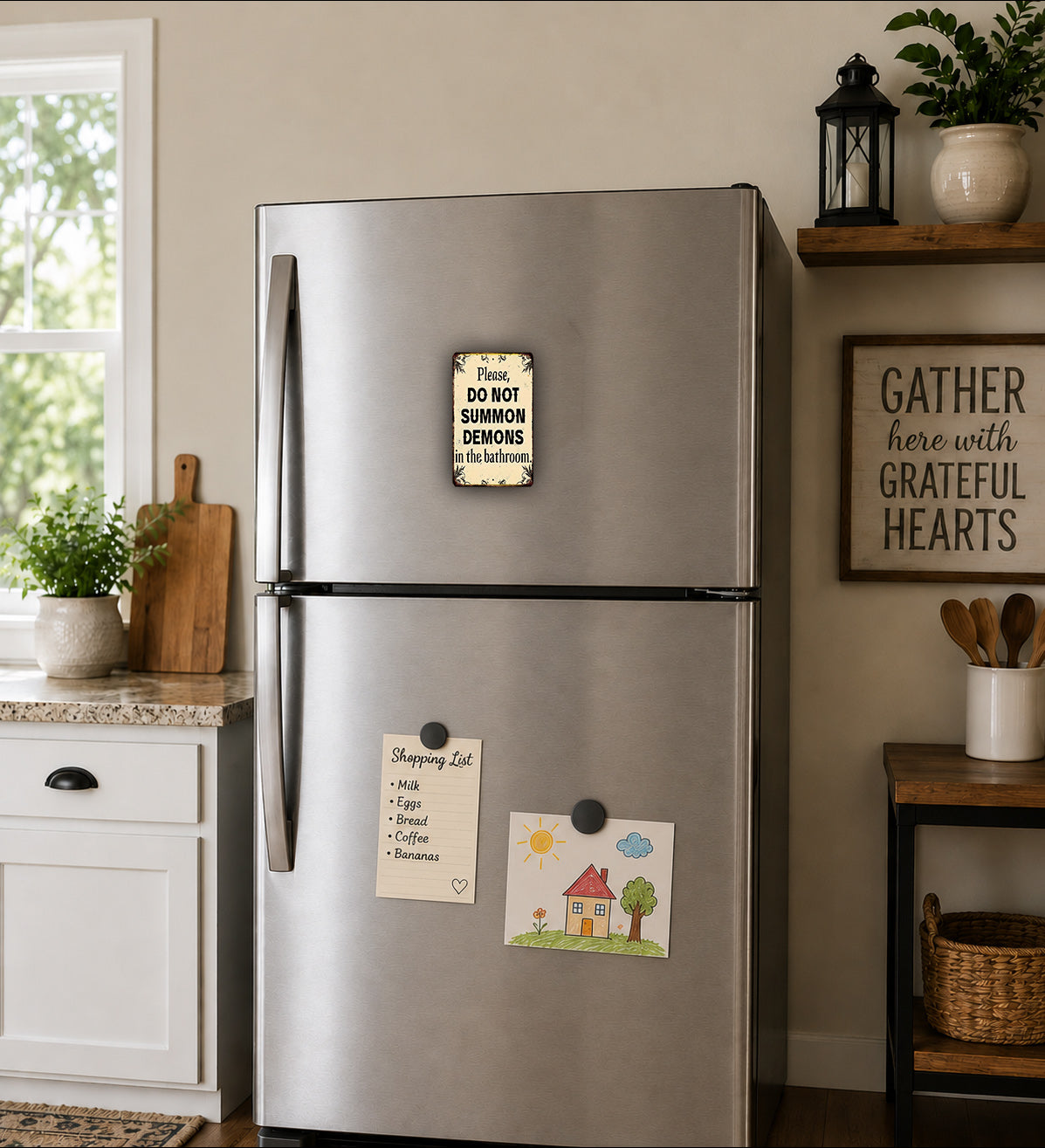 a kitchen with a stainless steel refrigerator, a wooden cutting board, and various kitchen items such as a potted plant, a vase, and a basket. There is a sign on the refrigerator that says "Please do not demonize demons in the bathroom" and a note attached to the refrigerator with a shopping list.