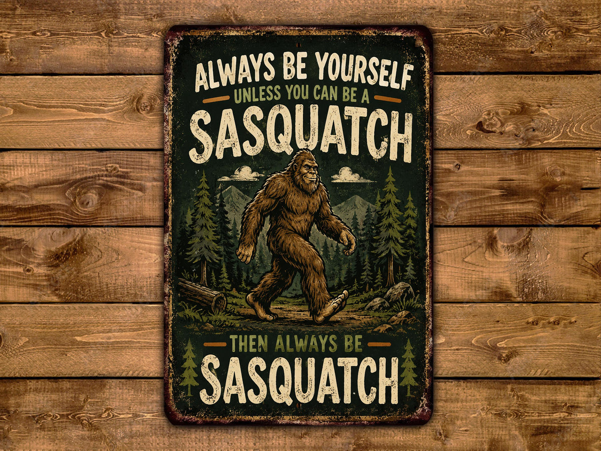 a sign with a cartoon Sasquatch and the text "Always be yourself unless you can be a Sasquatch, then always be Sasquatch".