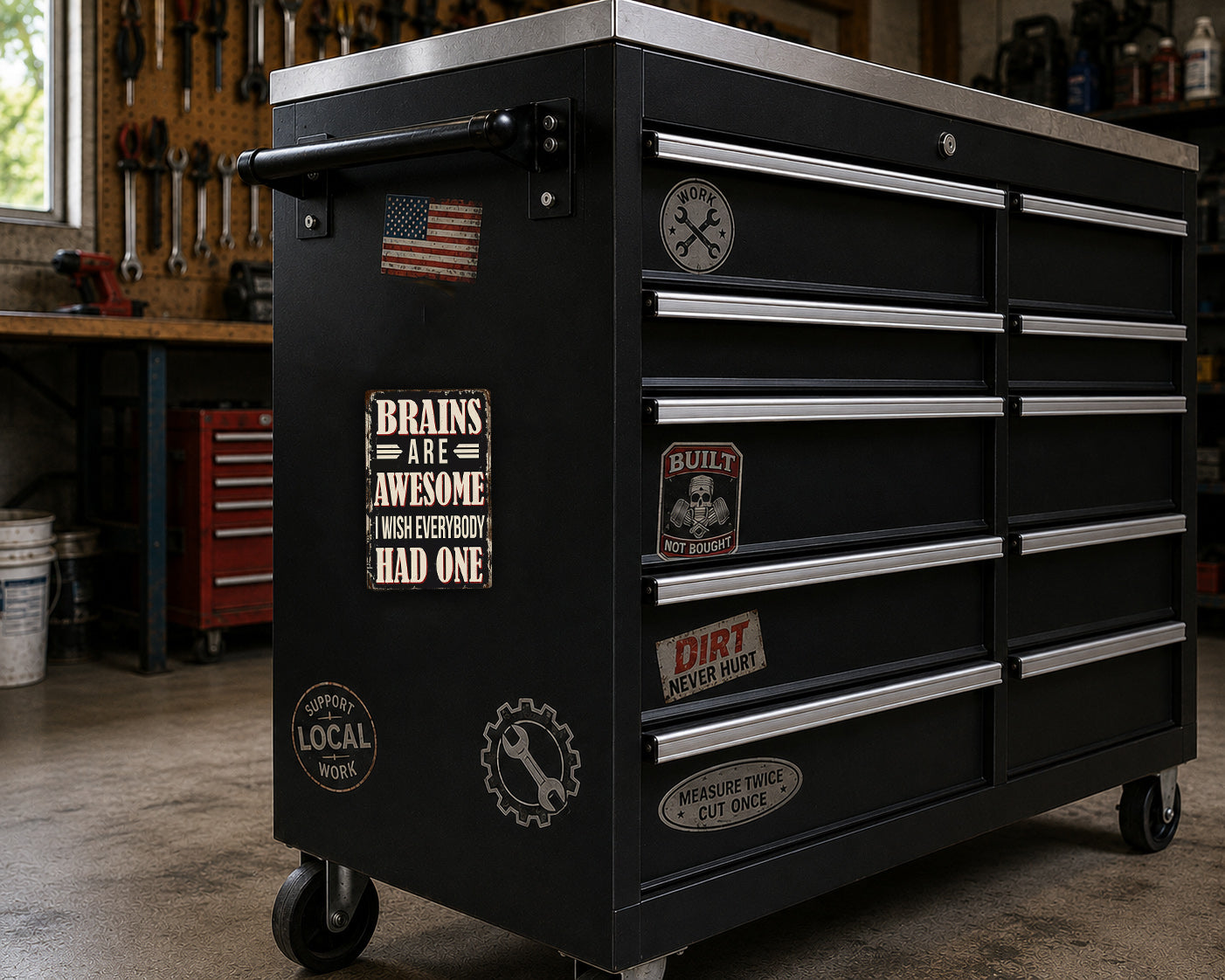 A black workbench with various stickers and magnets on it, located in a workshop setting.
