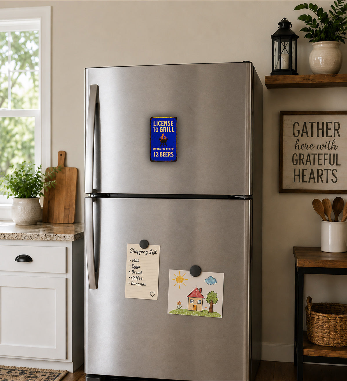 a kitchen with a stainless steel refrigerator, a wooden cutting board, and various kitchen items such as a potted plant, a vase, and a basket.