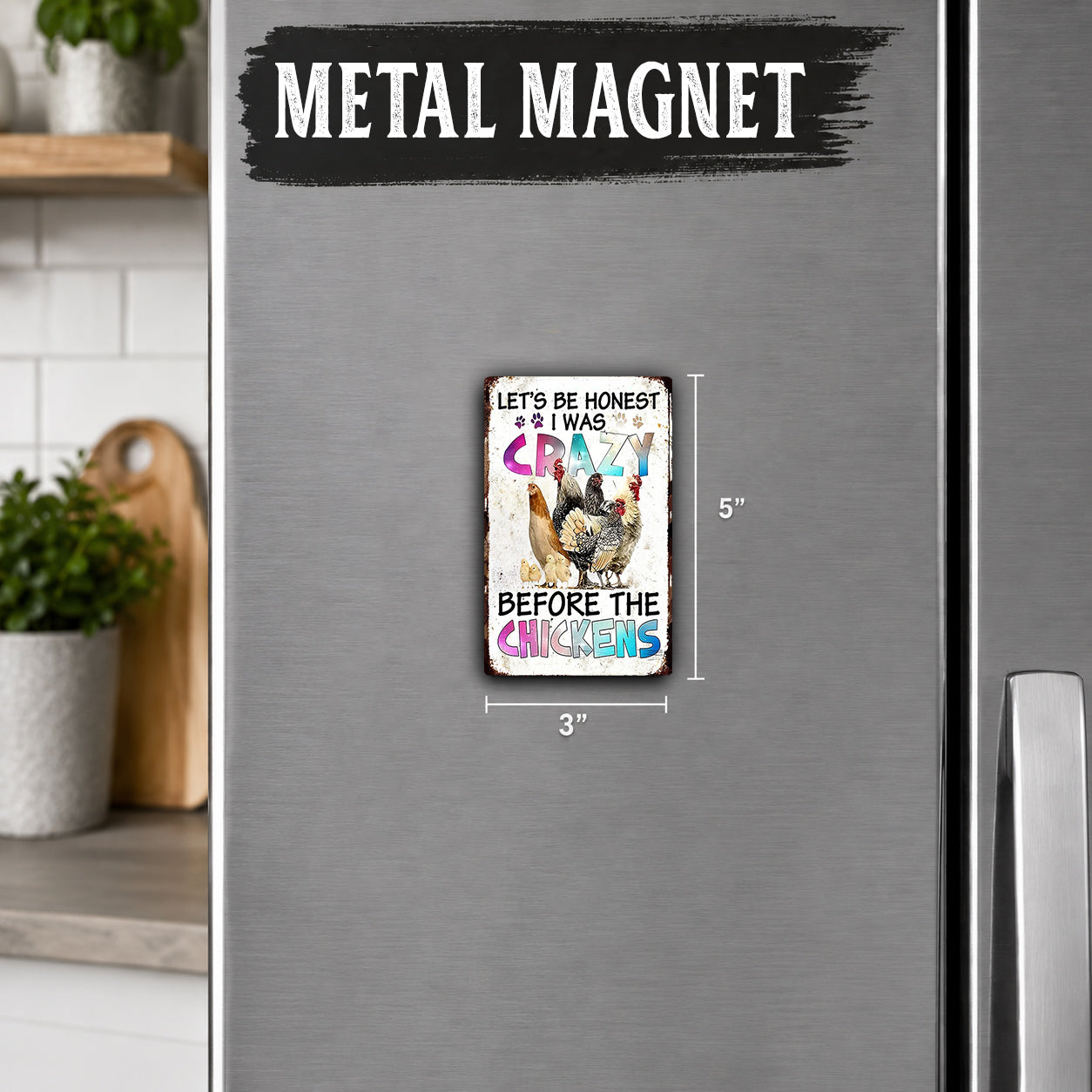 a small, colorful, and textured magnet on a refrigerator door.