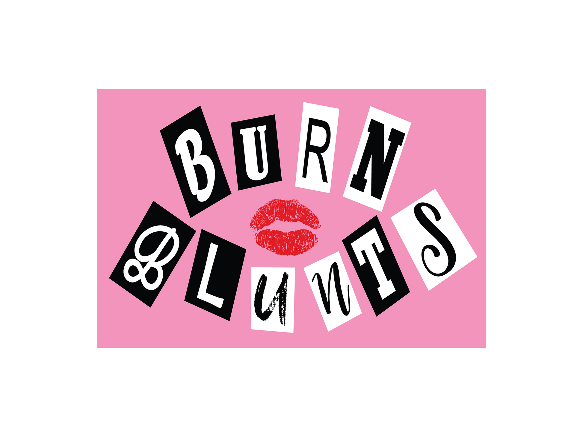 a pink background with black and white letters and a red lip