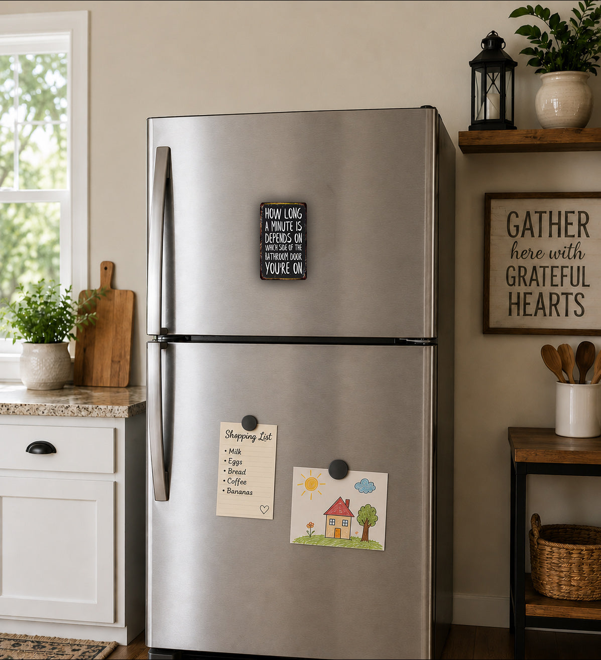 A stainless steel refrigerator with a shopping list and a children's drawing on its door, along with a sign that says "GATHER here with GRATEFUL HEARTS".
