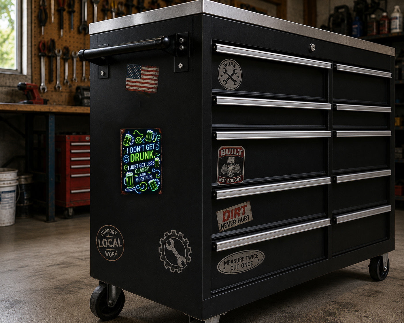 A black workbench with various stickers and magnets on it, located in a workshop setting.