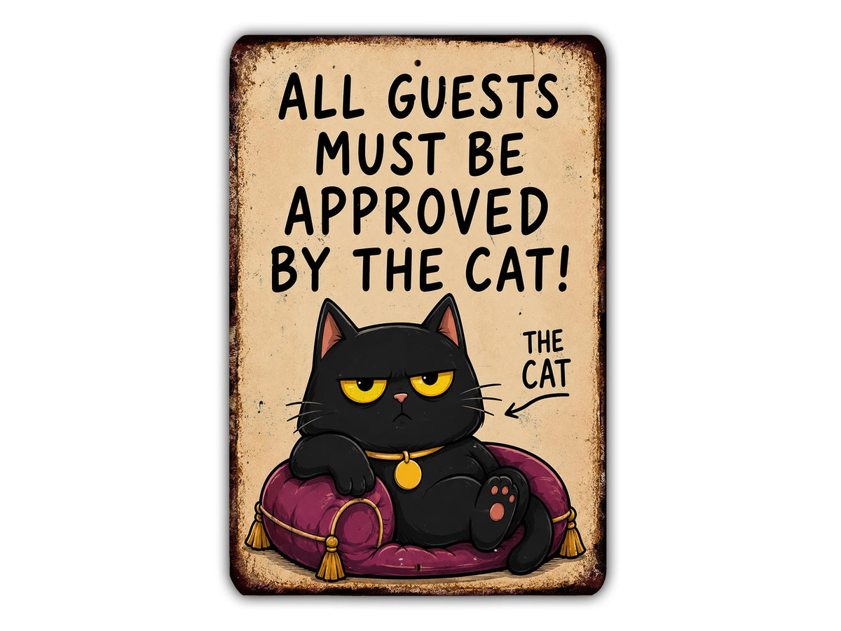 a cartoon cat sitting on a purple cushion with a sign that reads "All guests must be approved by the cat!"