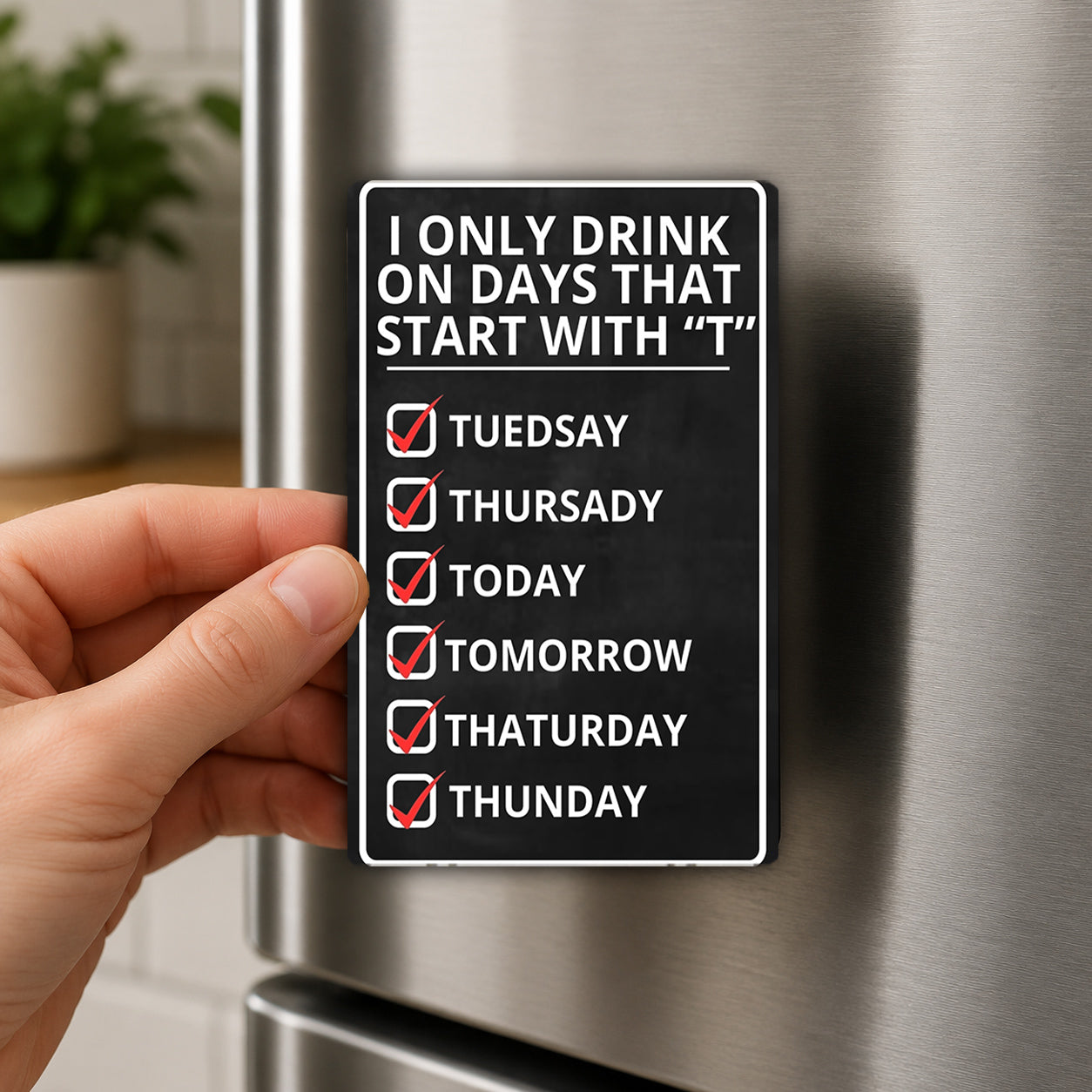 A person's hand holding a black and white list magnet with the text "I ONLY DRINK ON DAYS THAT START WITH T" and a checkbox for each day of the week.
