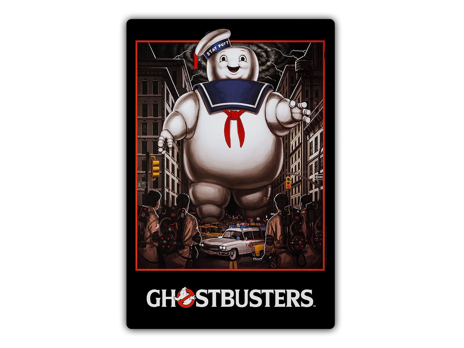 a ghostbuster standing in the middle of a street