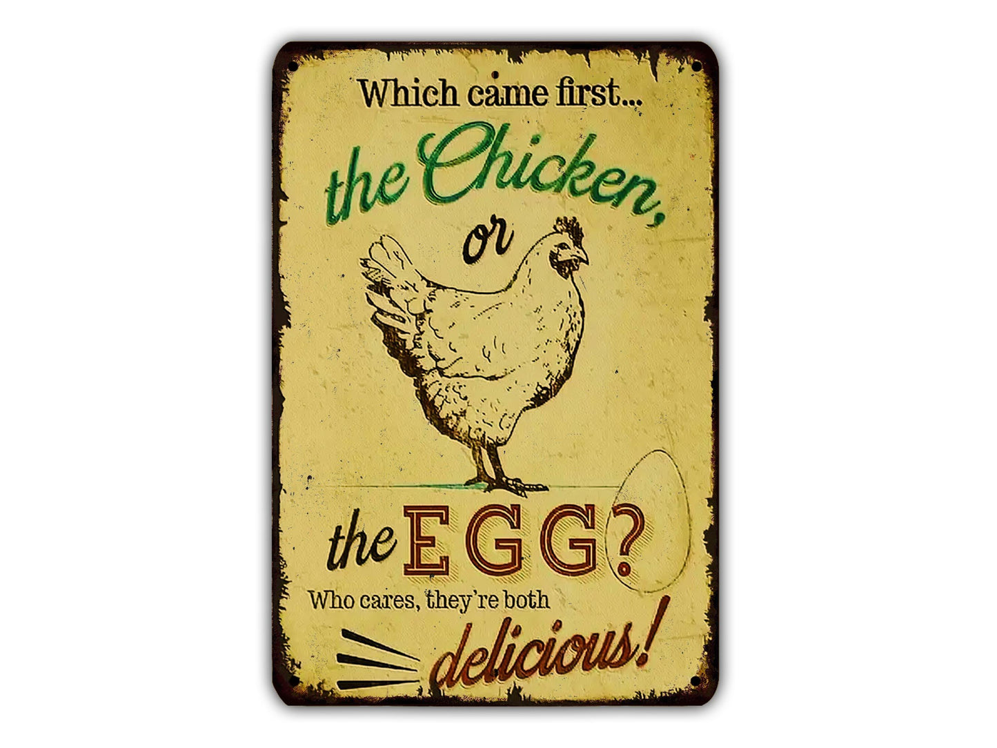 a sign with a chicken and an egg, asking which came first: the chicken or the egg.