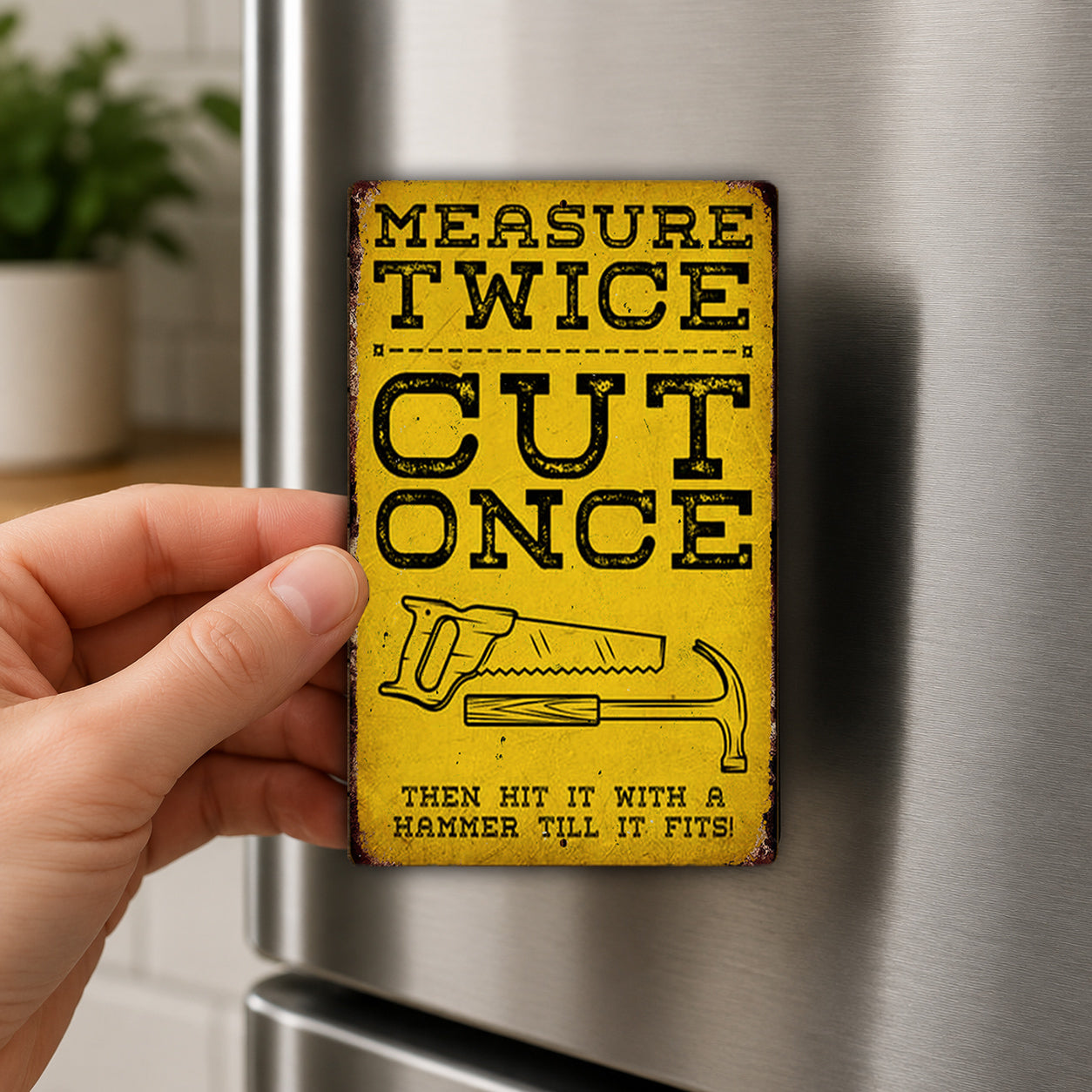 A person's hand holding a yellow sign with the text "MEASURE TWICE CUT ONCE" and an illustration of a hammer and saw.