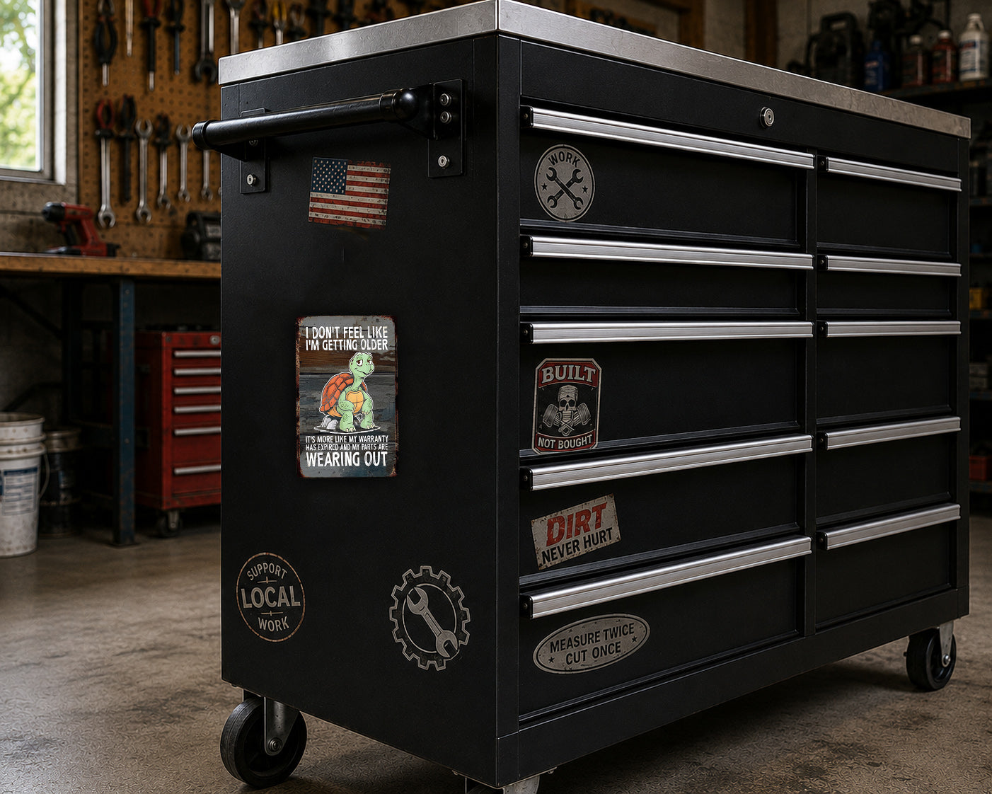 A black tool chest with various stickers and labels on it, placed in a workshop setting.