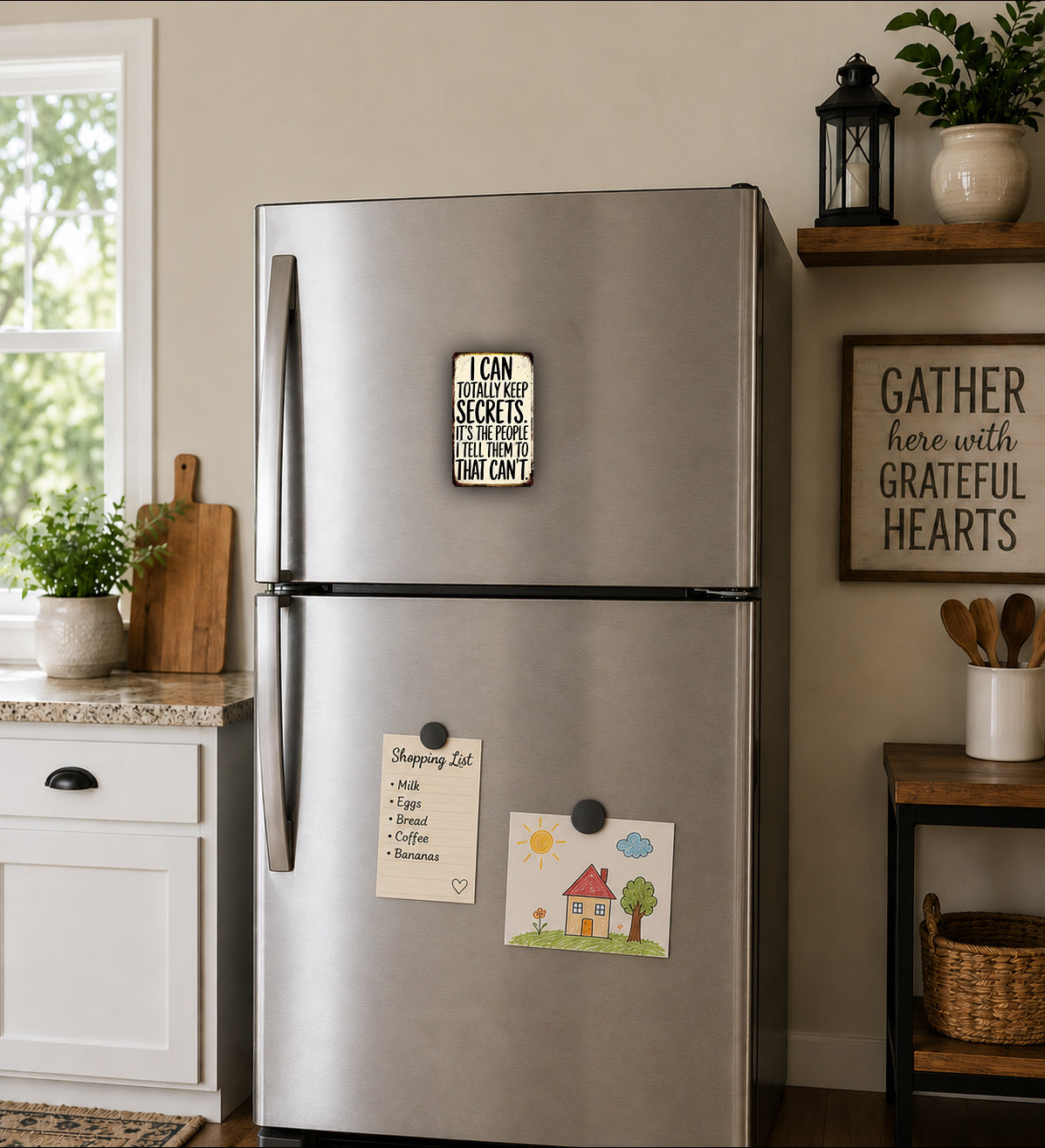a kitchen with a stainless steel refrigerator, a wooden cutting board, and various kitchen items such as a potted plant, a vase, and a basket.