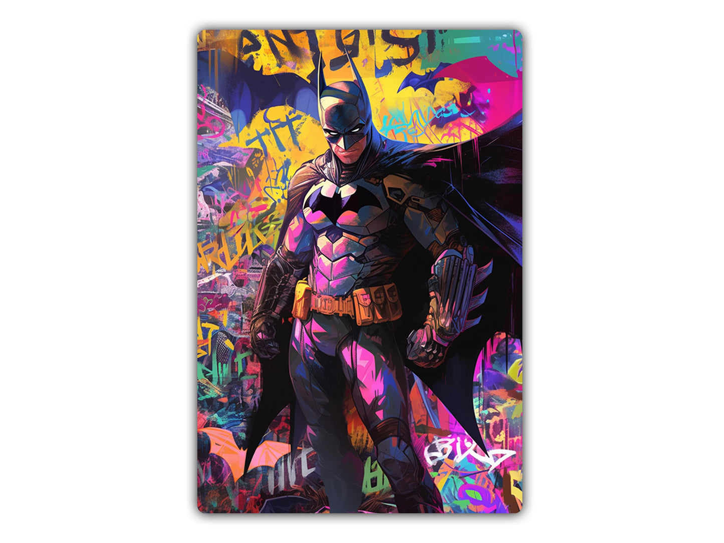 a painting of a batman standing in front of graffiti