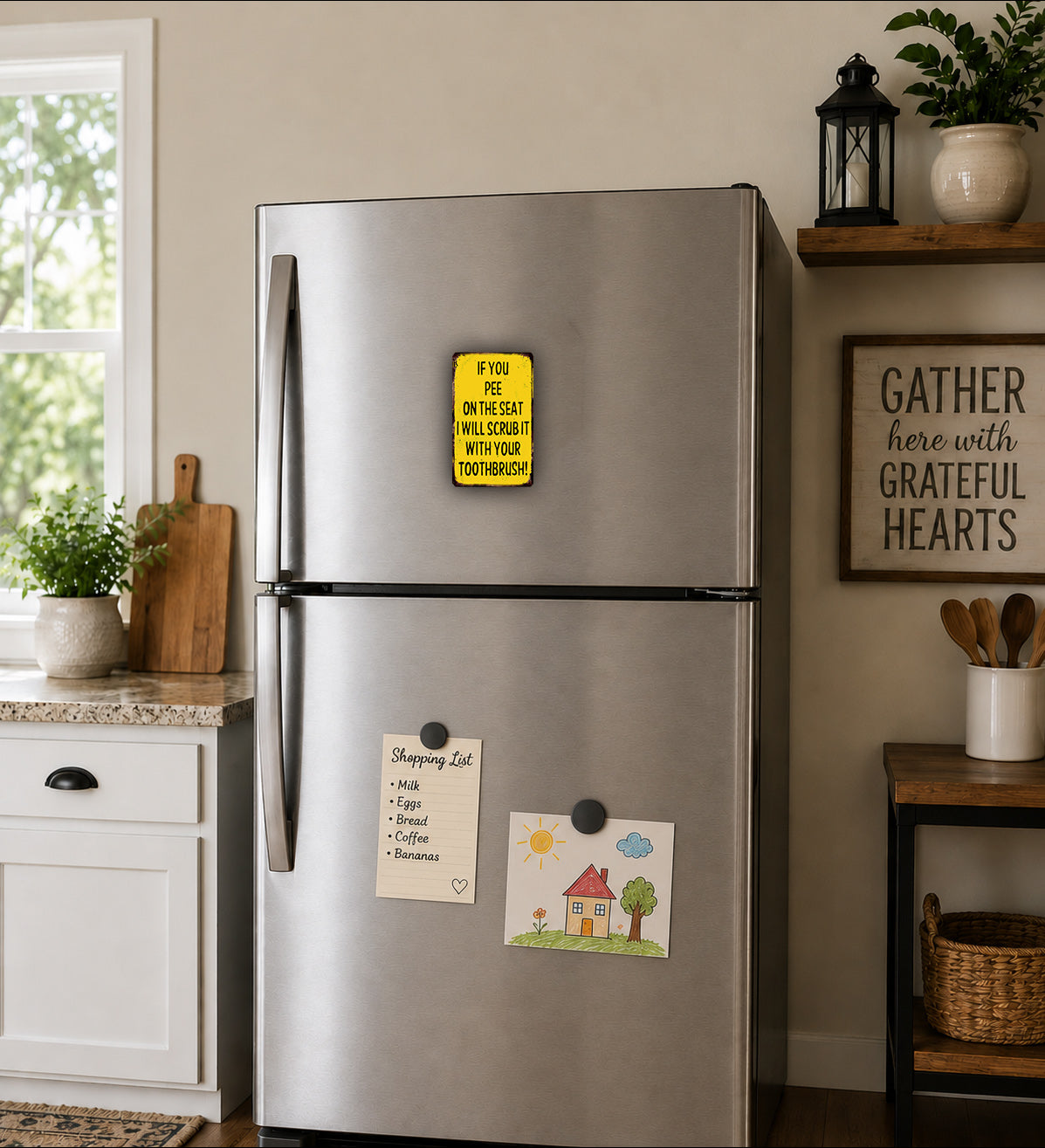 a kitchen with a stainless steel refrigerator, a wooden cutting board, and various kitchen items such as a potted plant, a vase, and a basket.