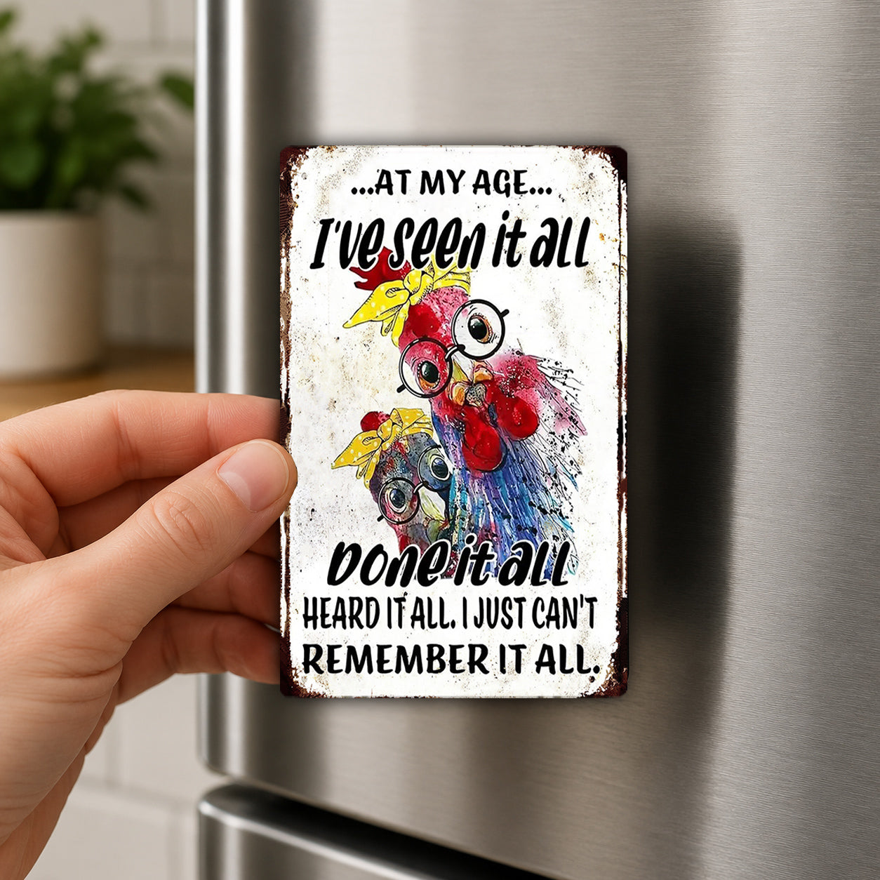 A person's hand holding a metal refrigerator magnet with a colorful illustration of two cartoon-like birds and text that reads "At my age... I've seen it all... Done it all... heard it all I just can't remember it all."